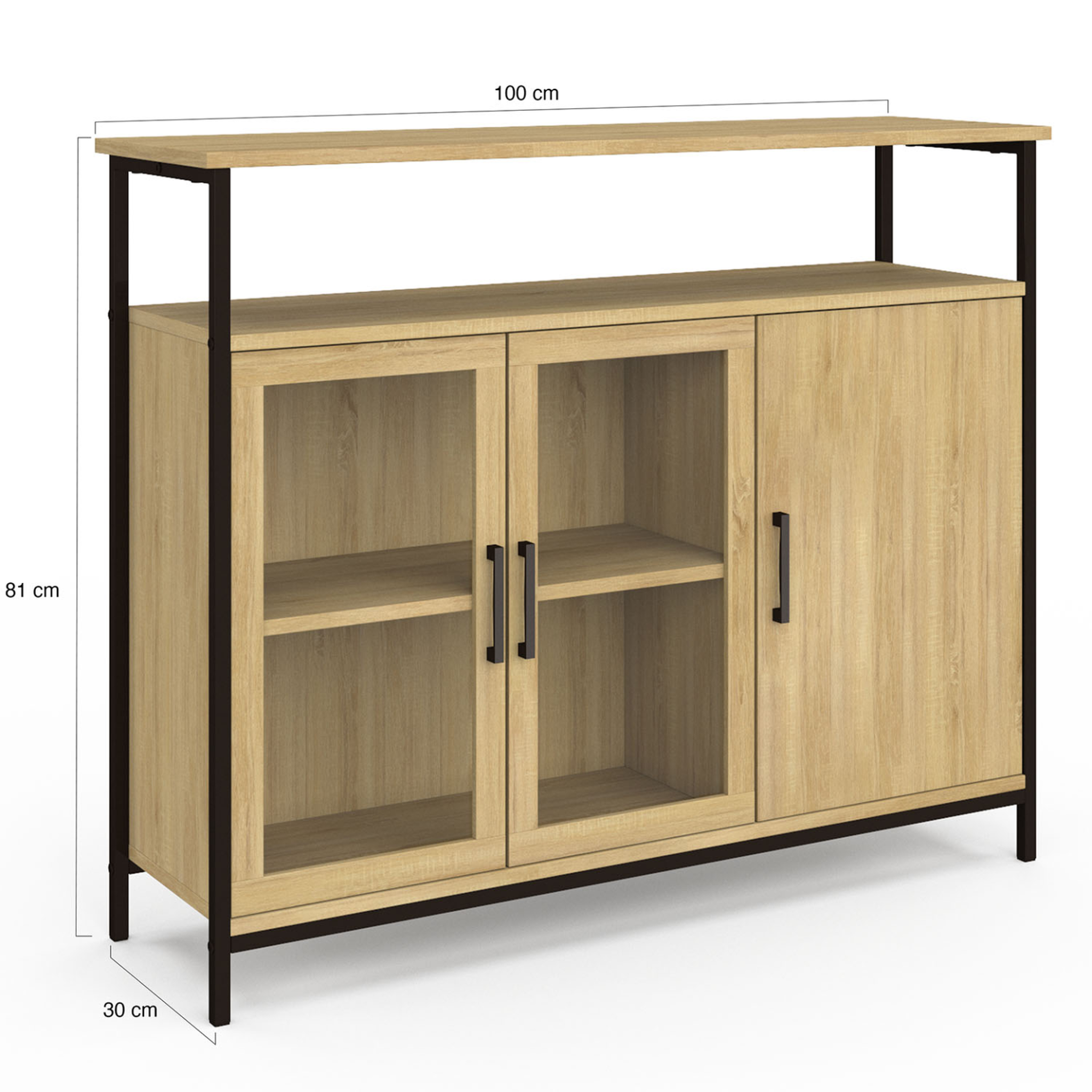Voir la diapositive 5 : ID MARKET Buffet 100 cm DETROIT 2 portes vitrine avec placards design industriel