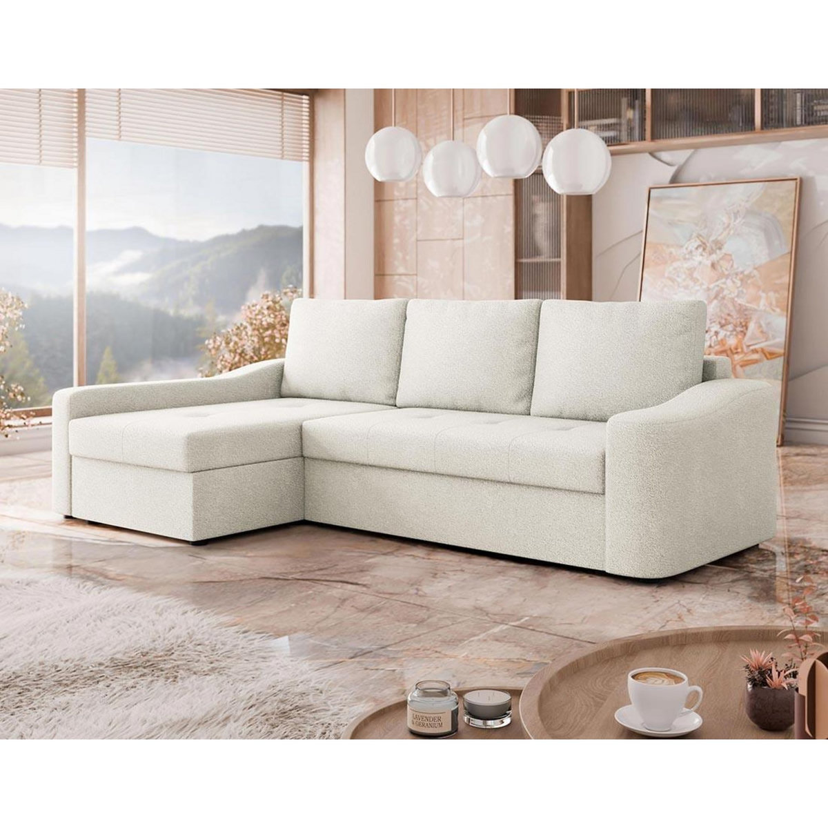 BEST MOBILIER Claudia - canapé d'angle gauche 4 places convertible avec coffre en tissu texturé