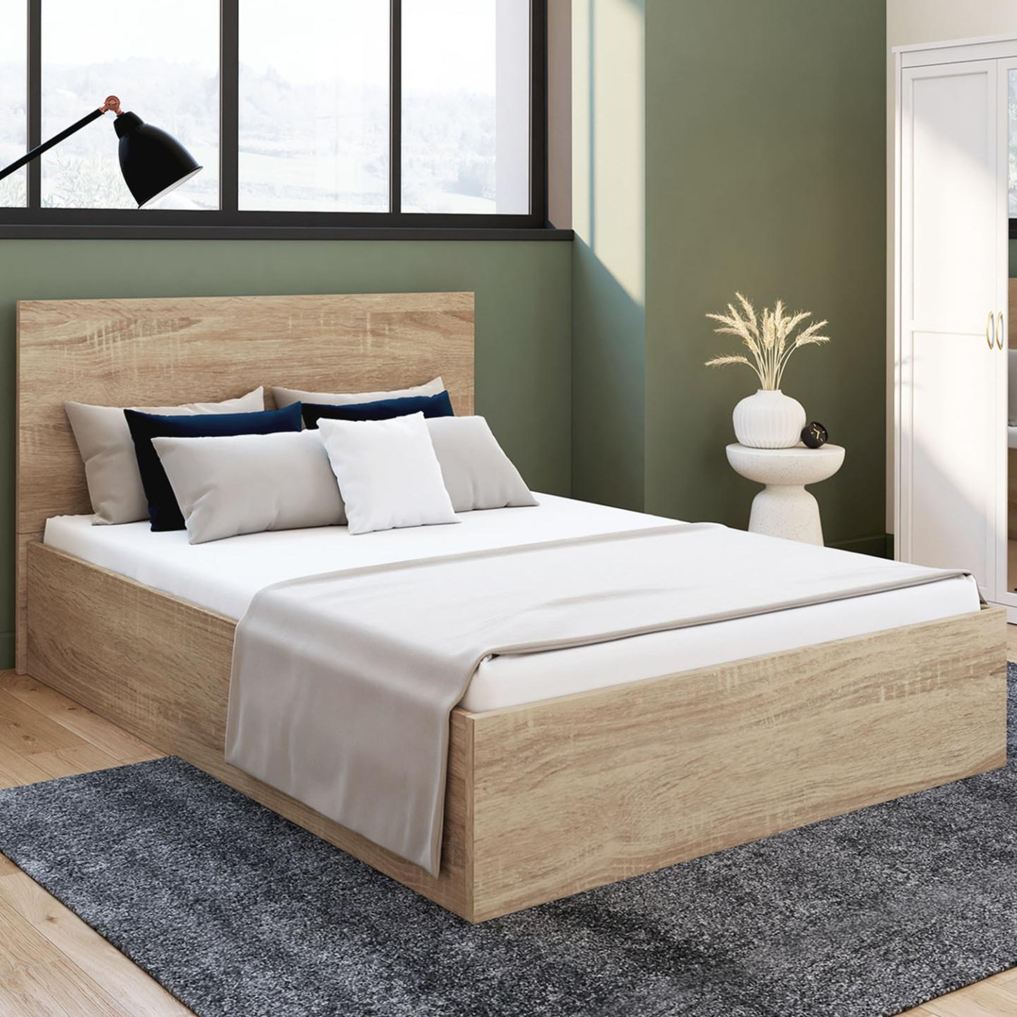 Voir la diapositive 6 : ID MARKET Lit coffre double seaside avec tête de lit et sommier 140x190 cm façon hêtre