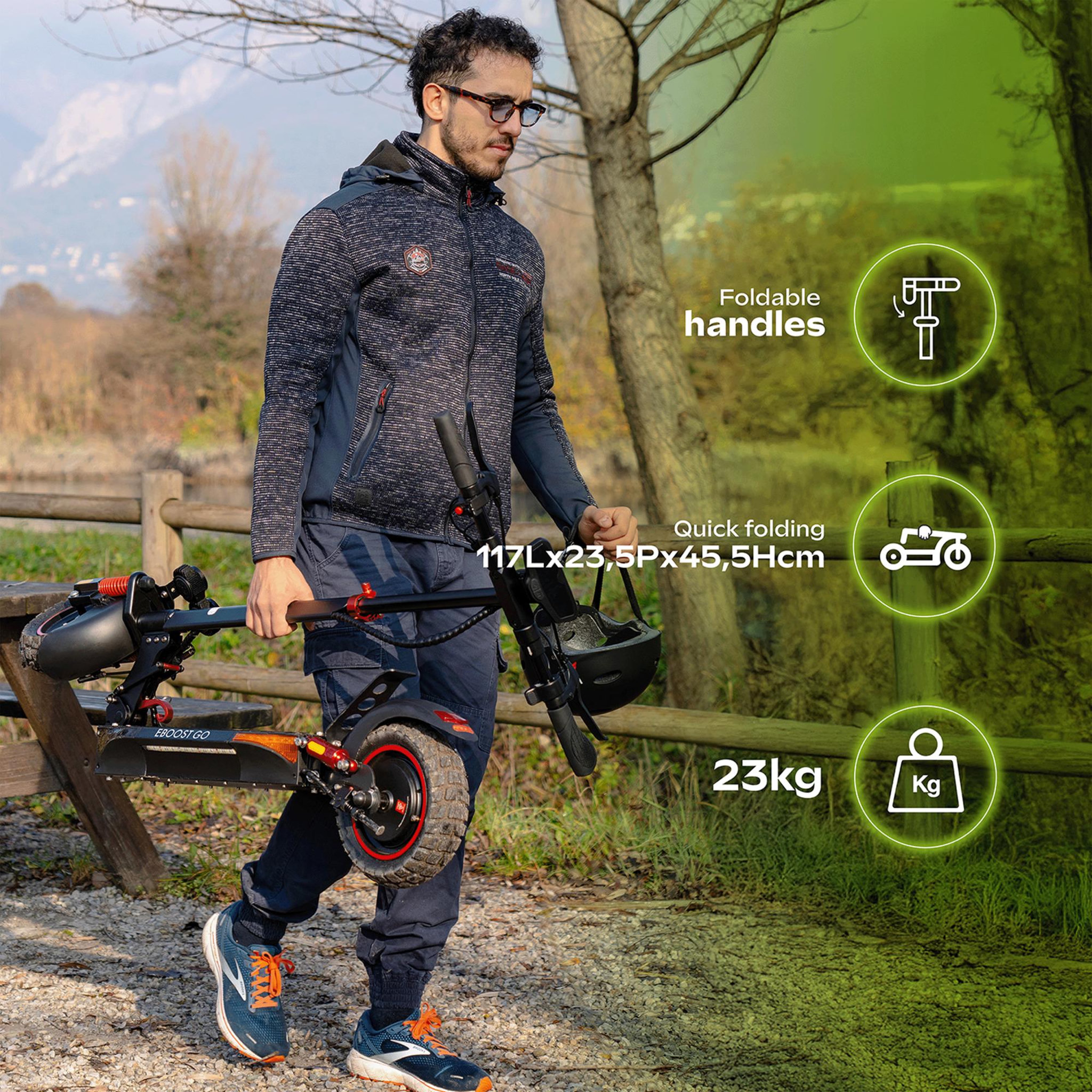 Voir la diapositive 3 : URBANGLIDE EBOOST GO â€  Autonomie Jusqu'a 50 km â€  Trottinette Ã‰lectrique Adulte â€  Poids 23Kg â€  Batterie 54V â€  Pneu Cross 10  Tubeless
