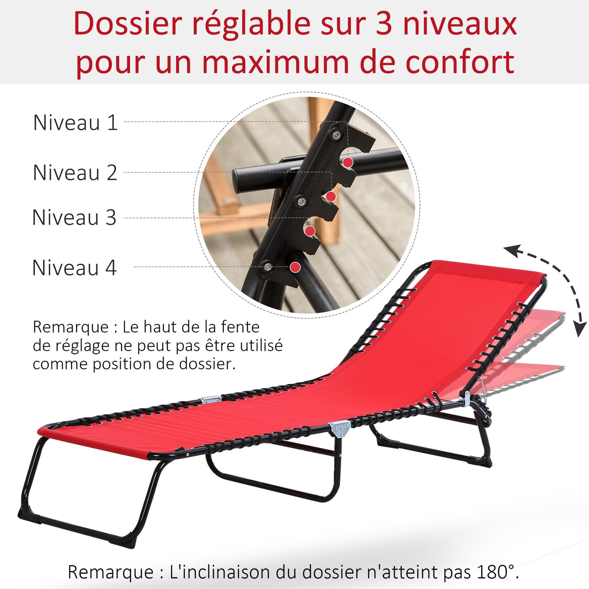 Voir la diapositive 5 : OUTSUNNY Bain de soleil transat pliable dossier inclinable multi-positions acier thermoplastique lacets élastiques noir textilène rouge