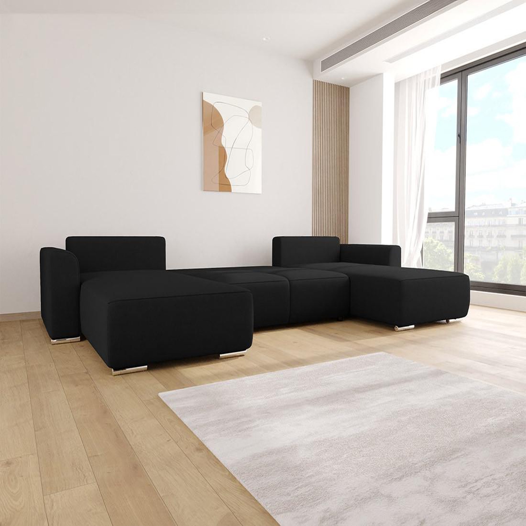 Voir la diapositive 3 : BEST MOBILIER Gabriel - canapé panoramique en u 7 places convertible avec coffre en tissu texturé