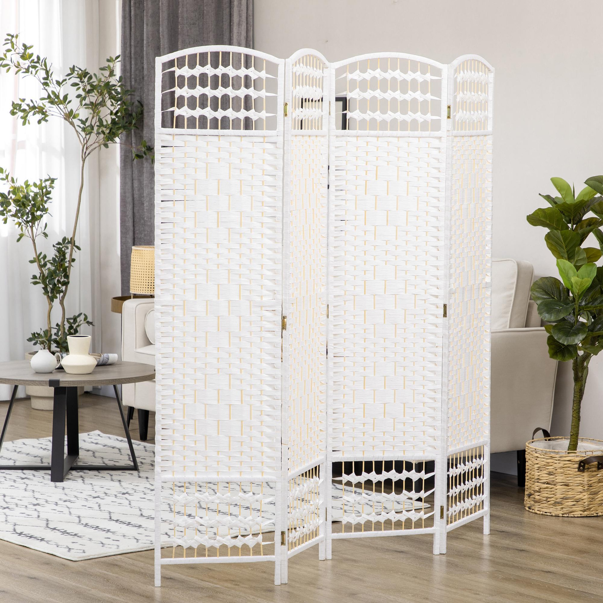 Voir la diapositive 2 : HOMCOM Paravent intérieur 4 panneaux pliables séparateur de pièce bois de peuplier bambou fibres de papier tressée blanc paille