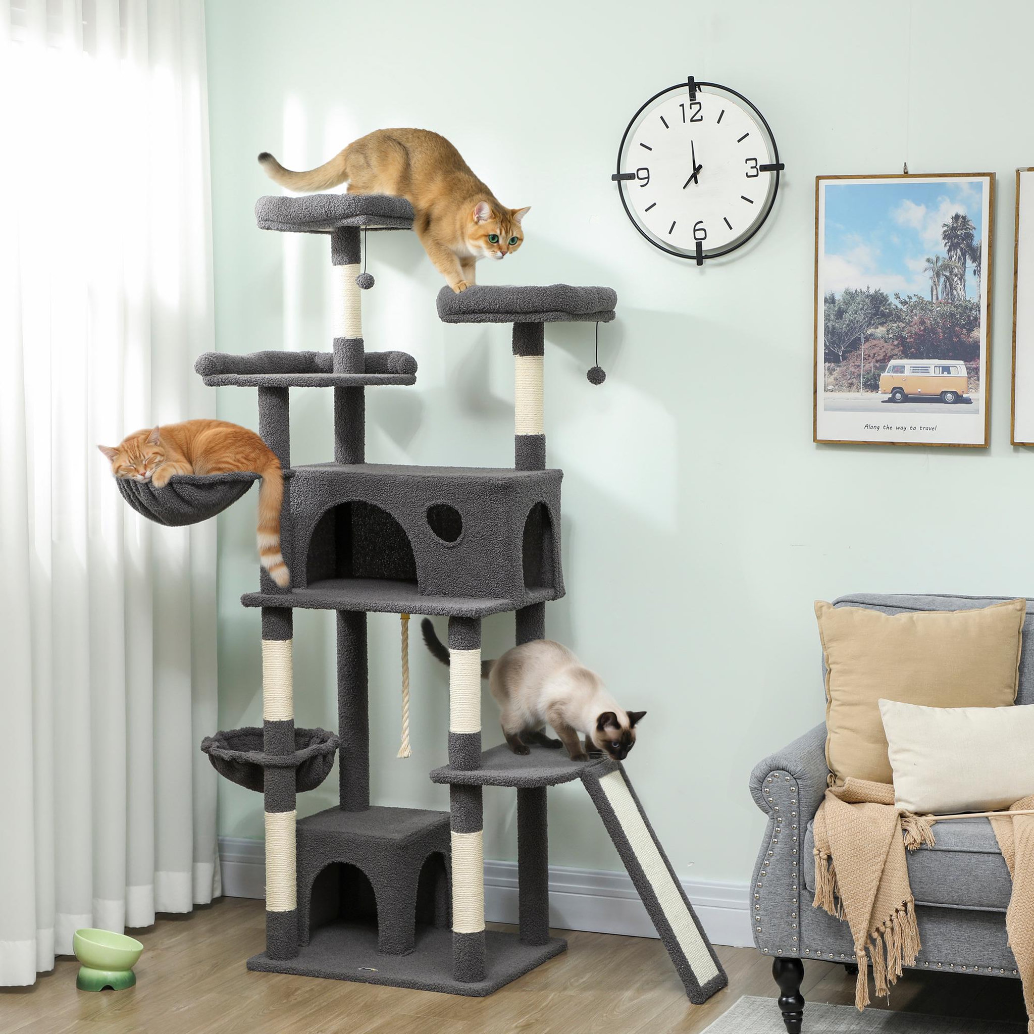 Voir la diapositive 2 : PAWHUT Arbre à chat grande taille h.174cm plateformes hamacs jouets griffoirs grattoirs peluche gris