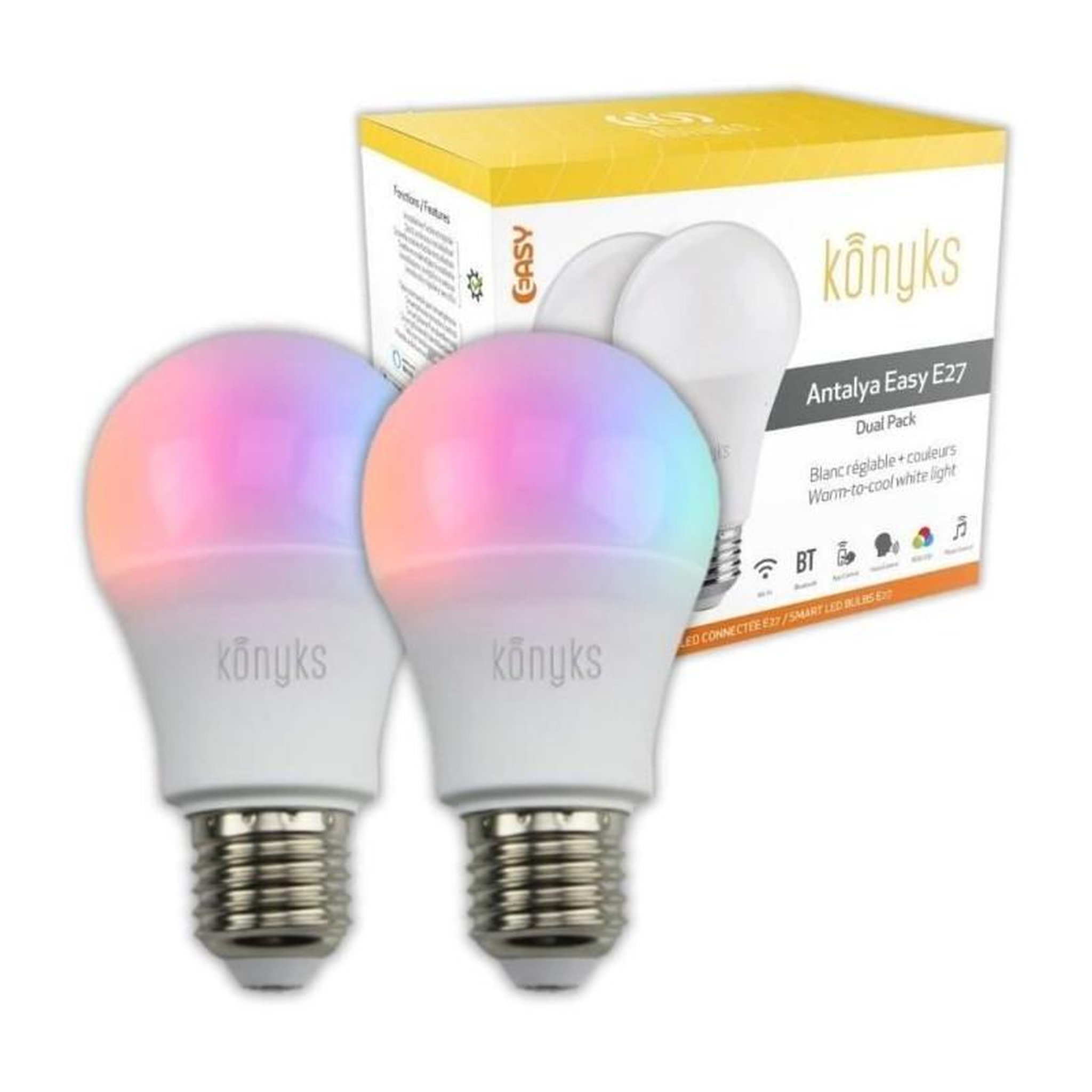 KONYKS 2 Ampoules LED - KONYKS - Antalya Easy E27 Dual Pack - Wifi + Bt - 11 W - Couleurs + Blanc - Compatible Alexa / Google Home