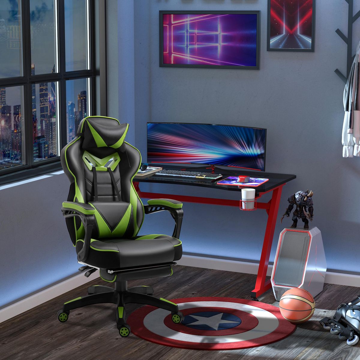 VINSETTO Vinsetto Fauteuil de bureau gamer style baquet racing - pivotant, inclinable - coussin lombaire, tétière, repose-pieds inclus - revêtement synthétique vert noir