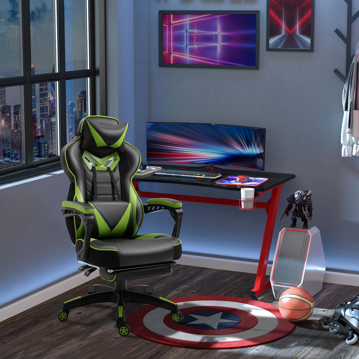 VINSETTO Vinsetto Fauteuil de bureau gamer style baquet racing - pivotant, inclinable - coussin lombaire, tétière, repose-pieds inclus - revêtement synthétique vert noir