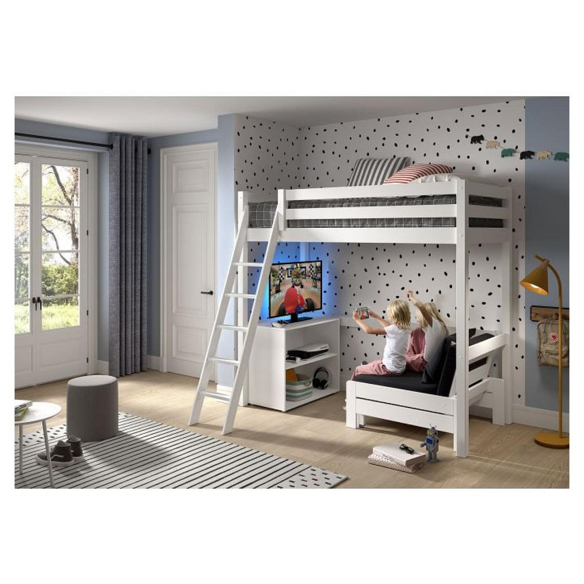 Vipack Lit haut avec fauteuil et bibliothèque blanc