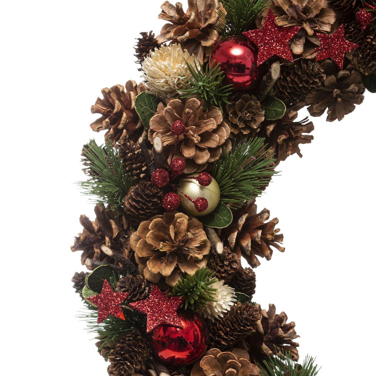 FEERIC LIGHT & CHRISTMAS Couronne de noël avec Houx et étoiles à suspendre en bois et polystyrène - Diamètre 50 cm - Rouge, Vert et Marron