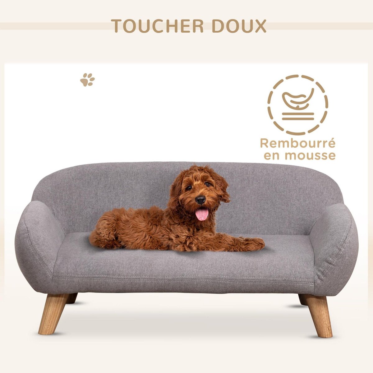 PAWHUT Canapé chien lit pour chien design scandinave déhoussable dim. 72L x 44l x 31H cm pieds bois tissu polyester gris