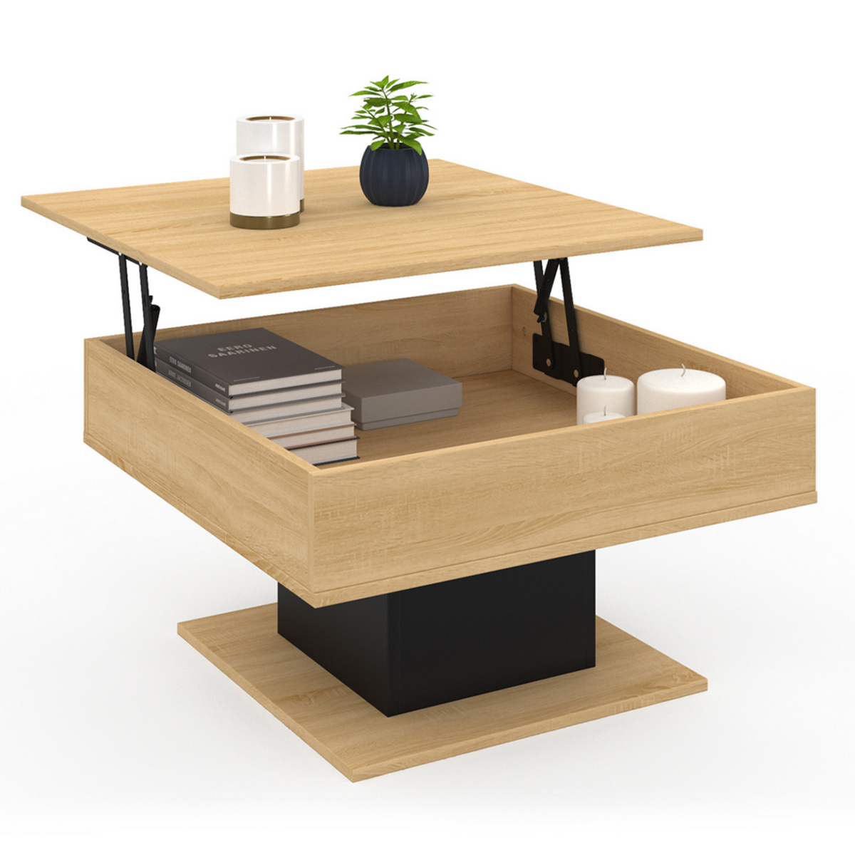 ID MARKET Table basse plateau relevable EDEN carrée bois et noir