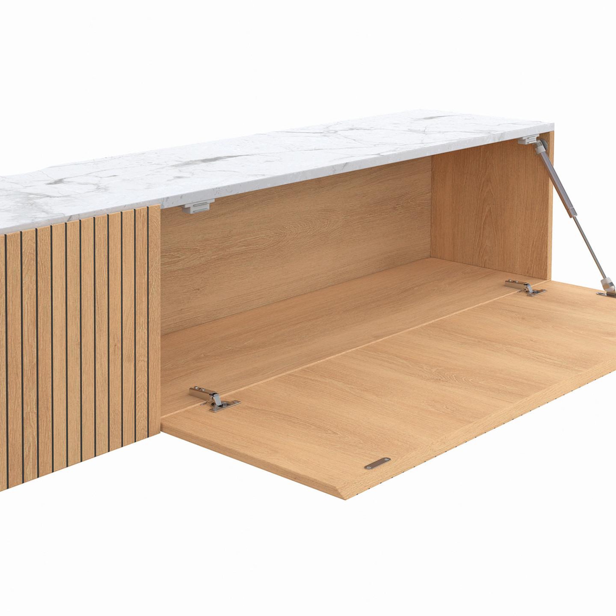 Voir la diapositive 6 : ID MARKET Meuble tv 180 cm suspendu juliette 2 portes plateau effet marbre lattes tasseau bois coloris chêne
