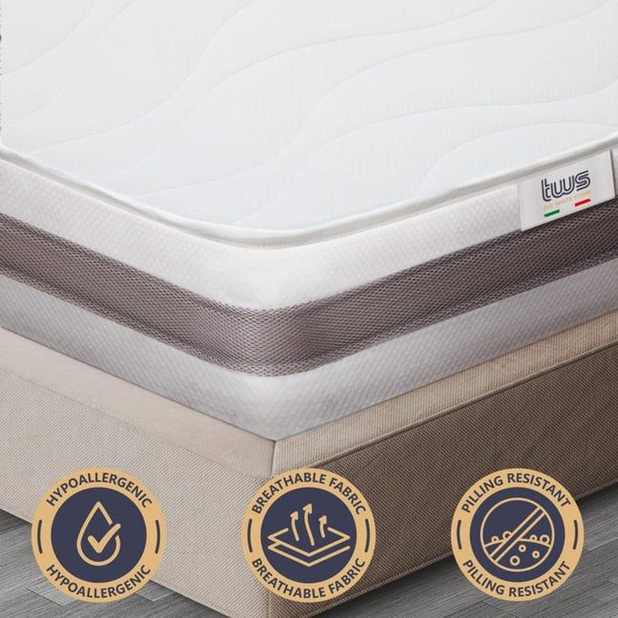 Voir la diapositive 4 : THE WHITE STONE Matelas 80 x 190 en Waterfoam Hypoallergénique | Hauteur 25 cm | Rembourrage en ouate et revêtement en tissu 3D respirant, anti-acarien et antifongique | Fabriqué en Italie