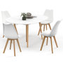 Voir la diapositive 1 : ID MARKET Ensemble table à manger extensible ronde ANGELA blanc pied bois 110 - 150 cm et 4 chaises SARA blanches