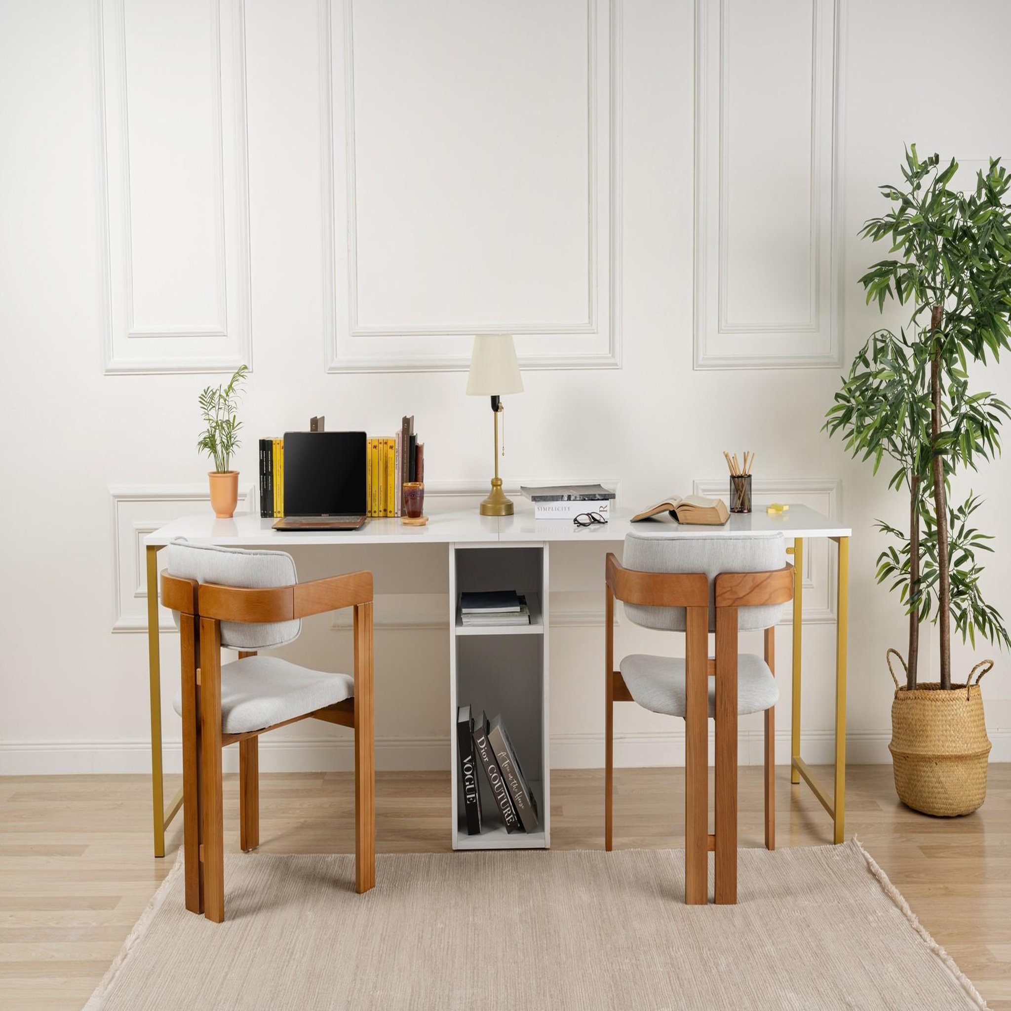 Voir la diapositive 4 : Habitat et Jardin Bureau en bois  twin study desk  - 240 x 60 x 74 cm - or blanc