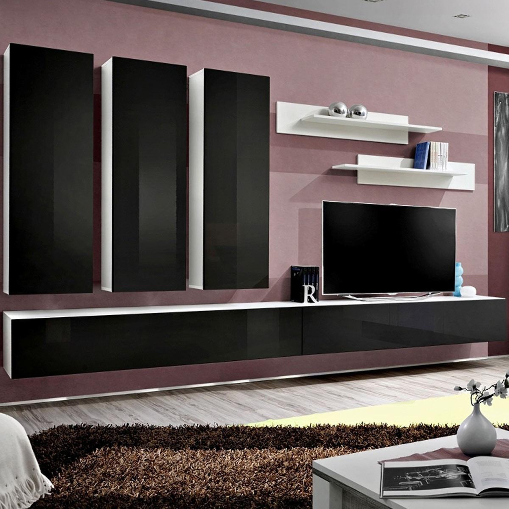 Voir la diapositive 1 : Paris Prix Ensemble Meuble TV Mural  Fly E1  320cm Noir & Blanc
