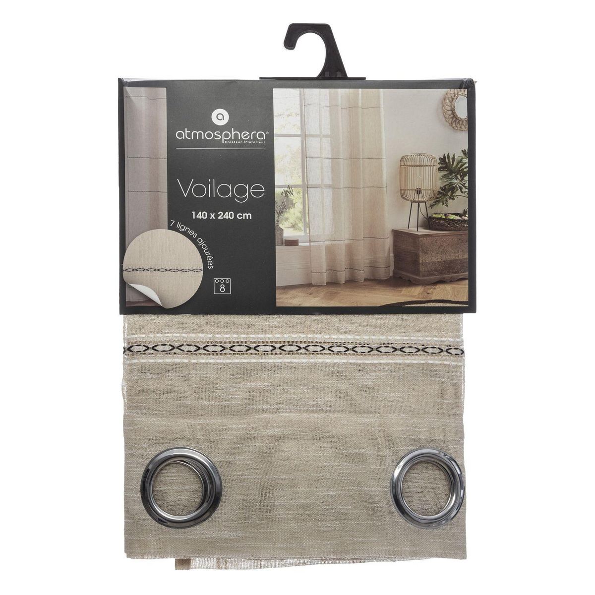 ATMOSPHERA Voilage Indi en polyester avec 8 œillets - 140 x 240 cm - beige