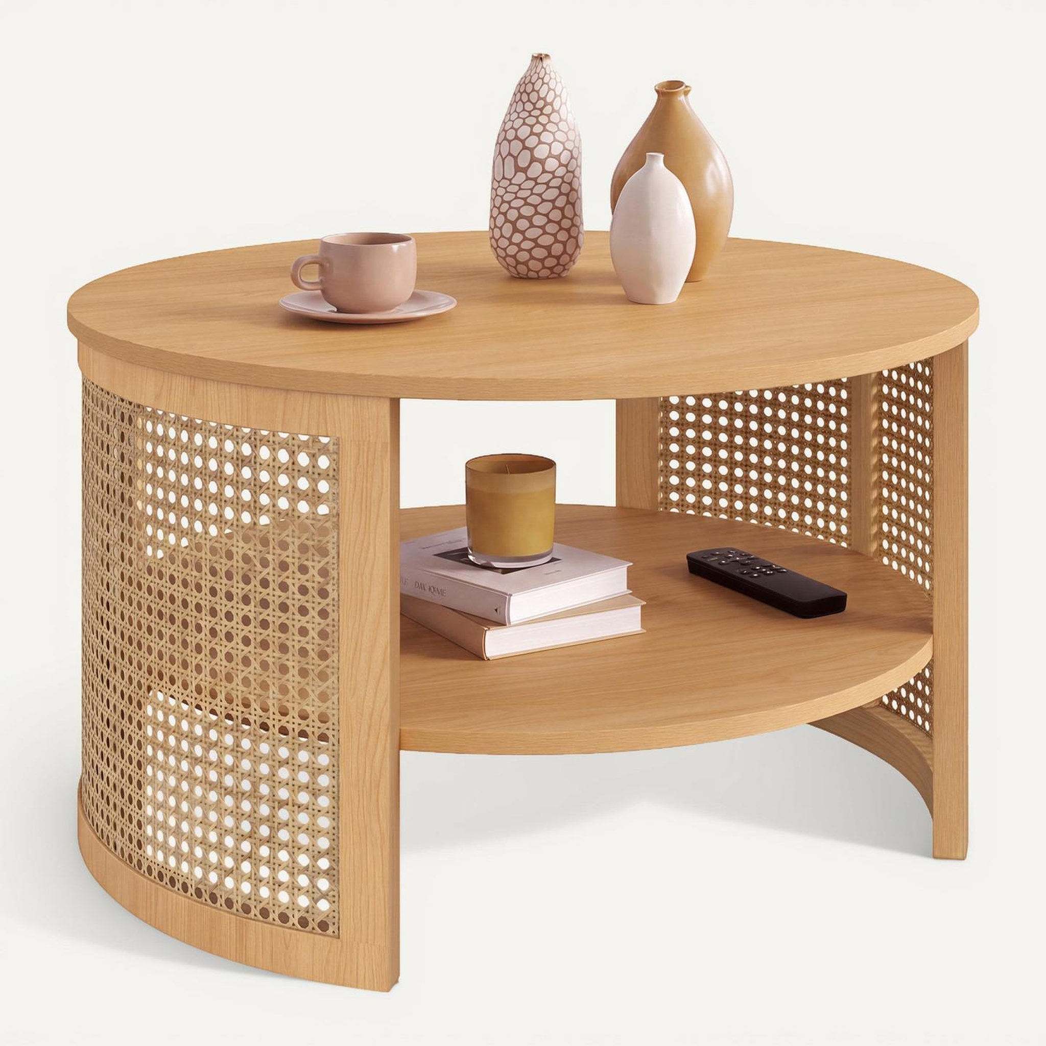 Voir la diapositive 6 : ID MARKET Table basse ronde edhen 70 cm effet cannage naturel et bois