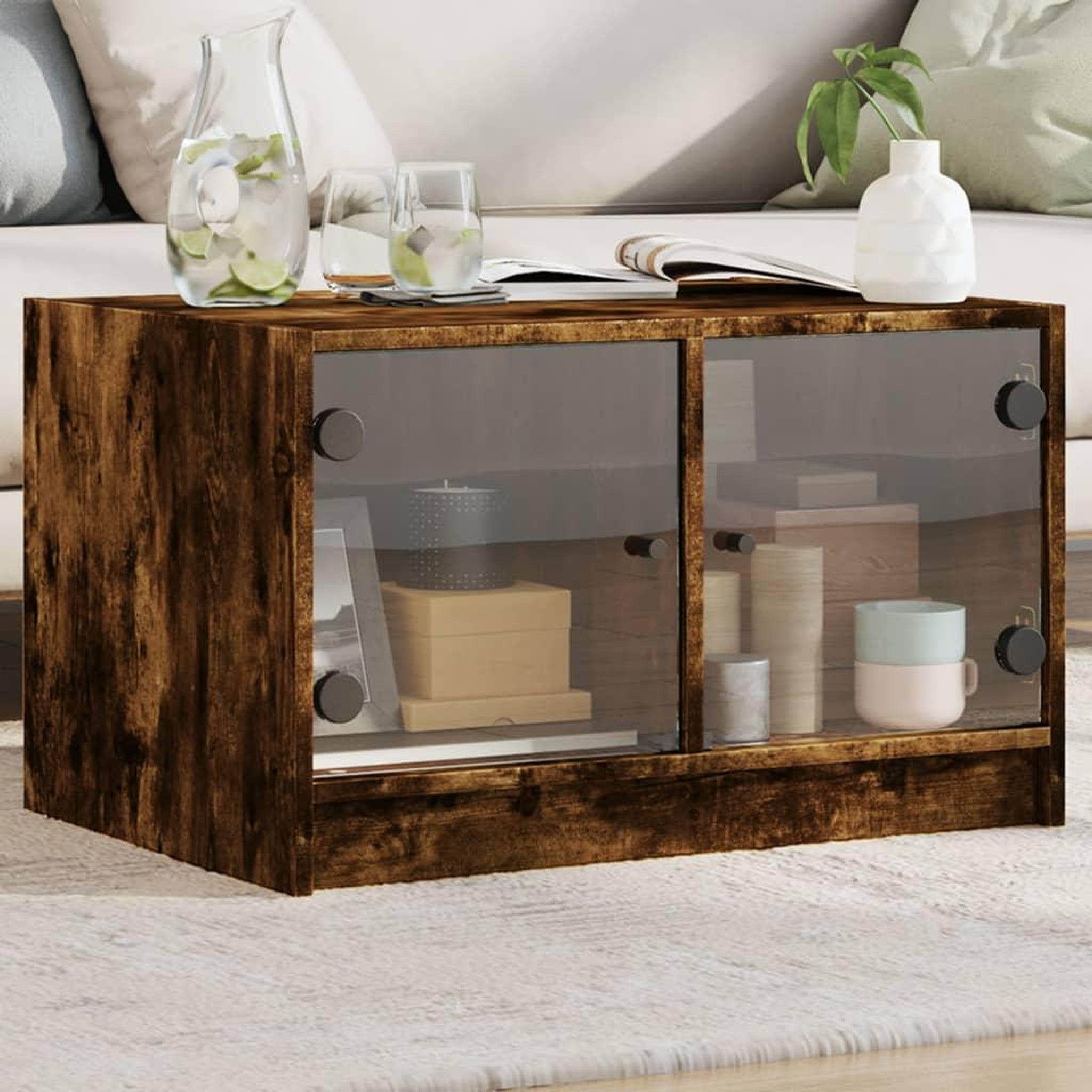 VIDAXL Table basse avec portes en verre chene fume 68x50x42 cm