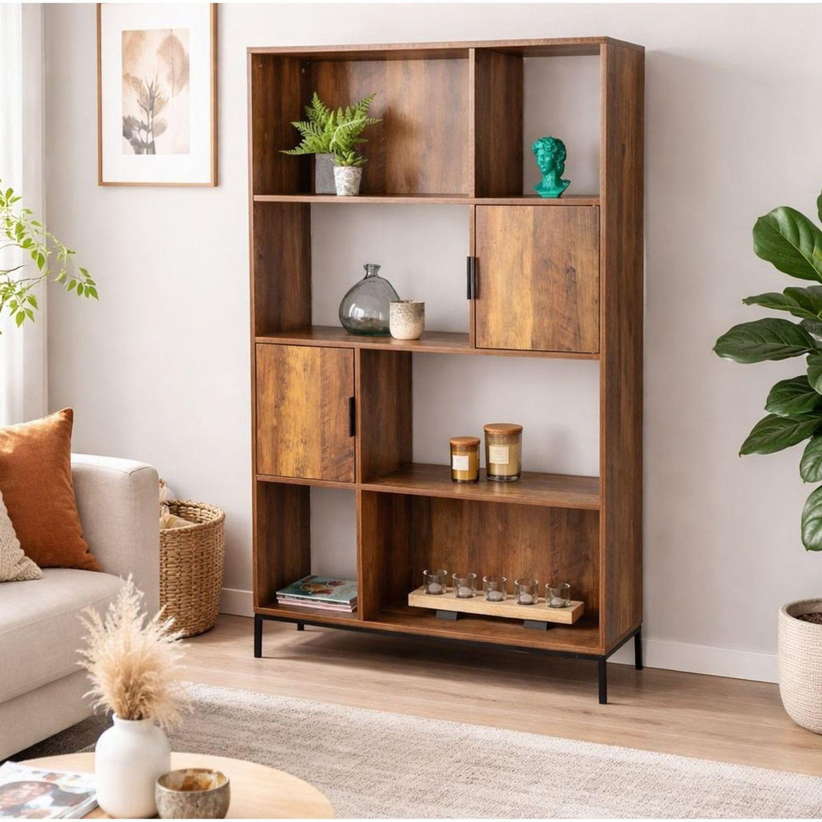 DIVERS Bibliothèque 4 niveaux avec 2 portes effet noyer JOYA - Marron