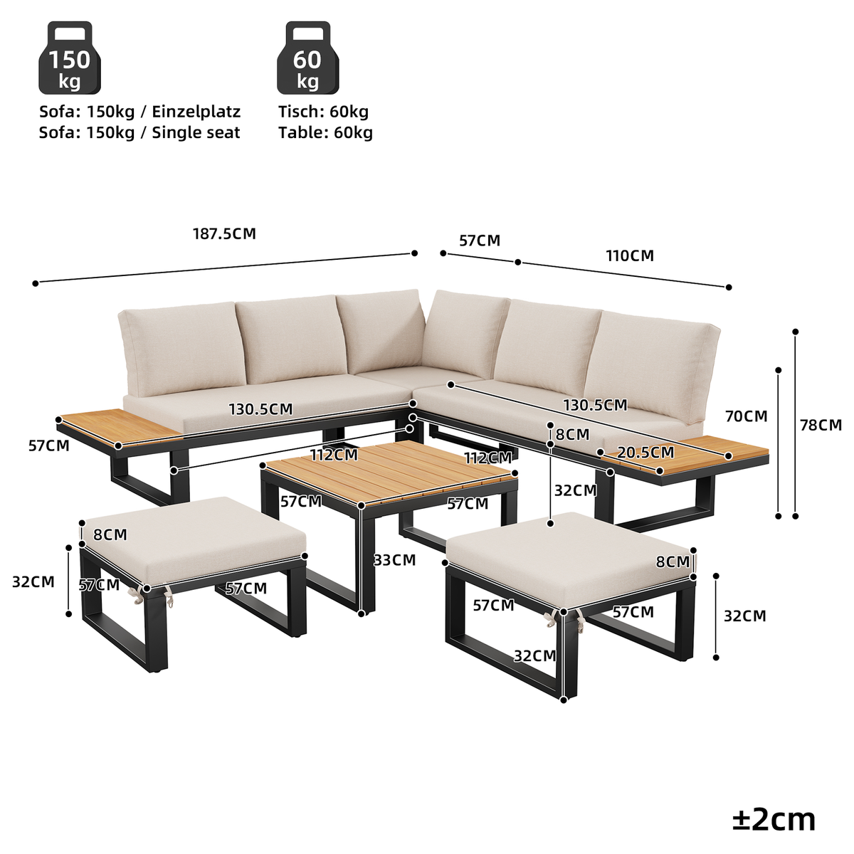 MERAX Salon de jardin 7 places avec, canapé angle, dossier réglable, poufs et table