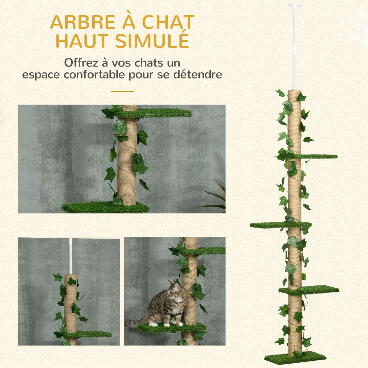 PAWHUT Arbre à chat poteau à griffer design hauteur réglable dim. 37L x 21l x 202- 242H cm 4 niveaux beige vert