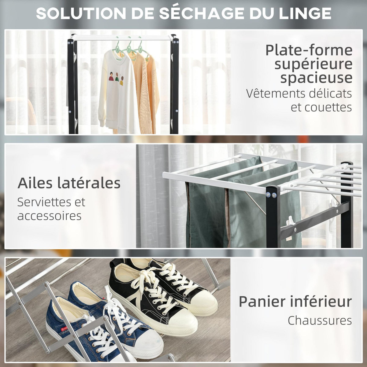 HOMCOM Séchoir à linge étendoir à vêtements pliable réglable avec 4 roulettes - grand capacité - dim. 157,5L x 54l x 101H cm - alu. métal blanc noir