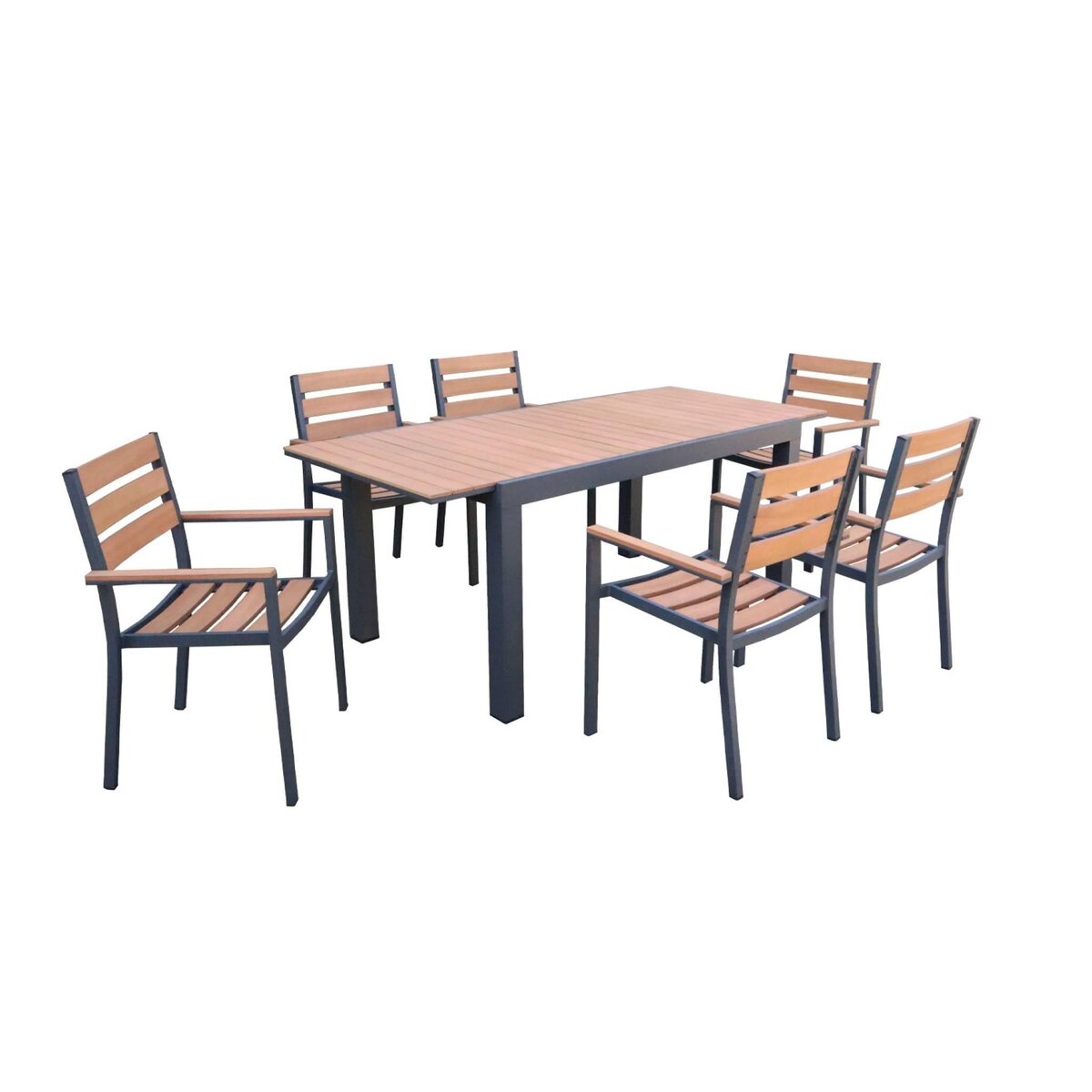 SWEEEK Set complet tables de jardin extensible papillon 150/195cm anthracite + 6 fauteuils empilables. bois d'eucalyptus et structure aluminium