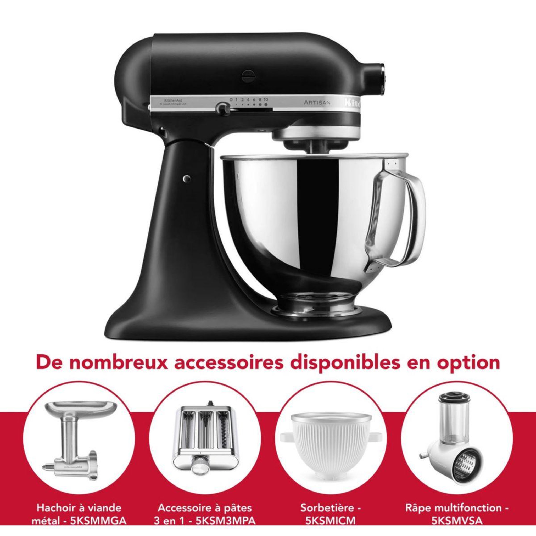 Voir la diapositive 5 : KitchenAid Robot pâtissier 5KSM125EBM Artisan, Noir, 4,8 L, bol avec poignée, 300 watts