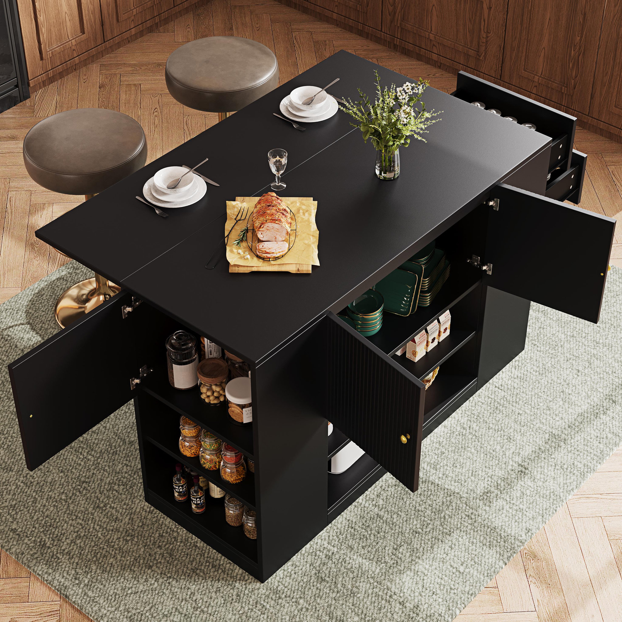 Voir la diapositive 5 : MERAX Ilot de cuisine 3 portes 2 tiroirs coloris noir mdf