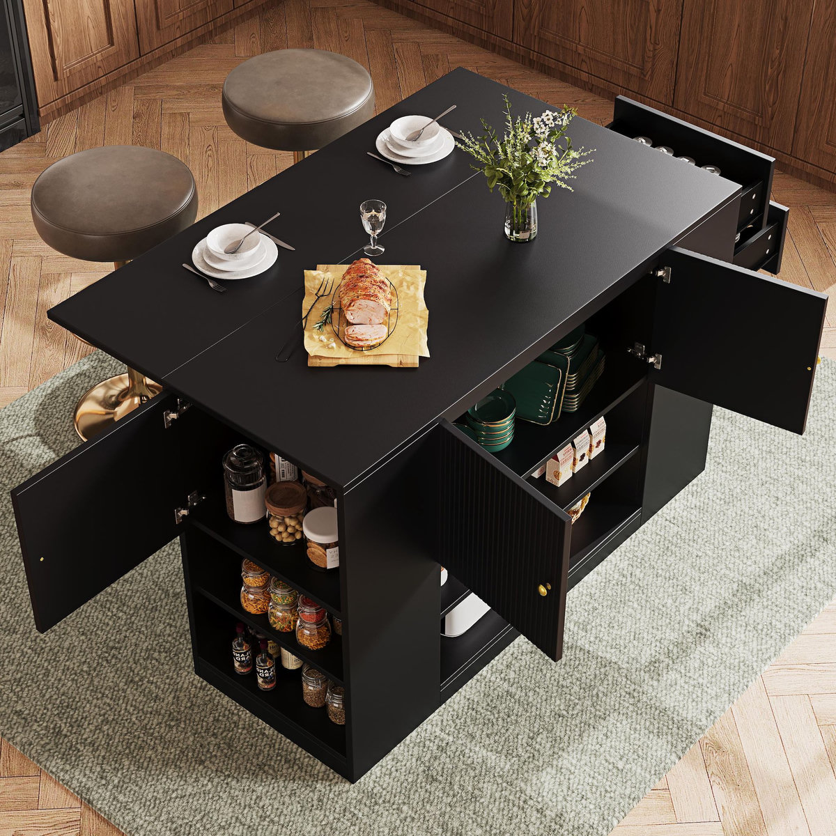 MERAX Ilot de cuisine 3 portes 2 tiroirs coloris noir mdf