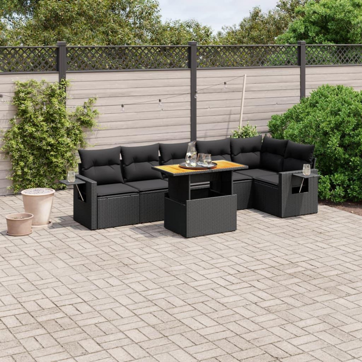 VIDAXL Salon de jardin 7 pcs avec coussins noir resine tressee