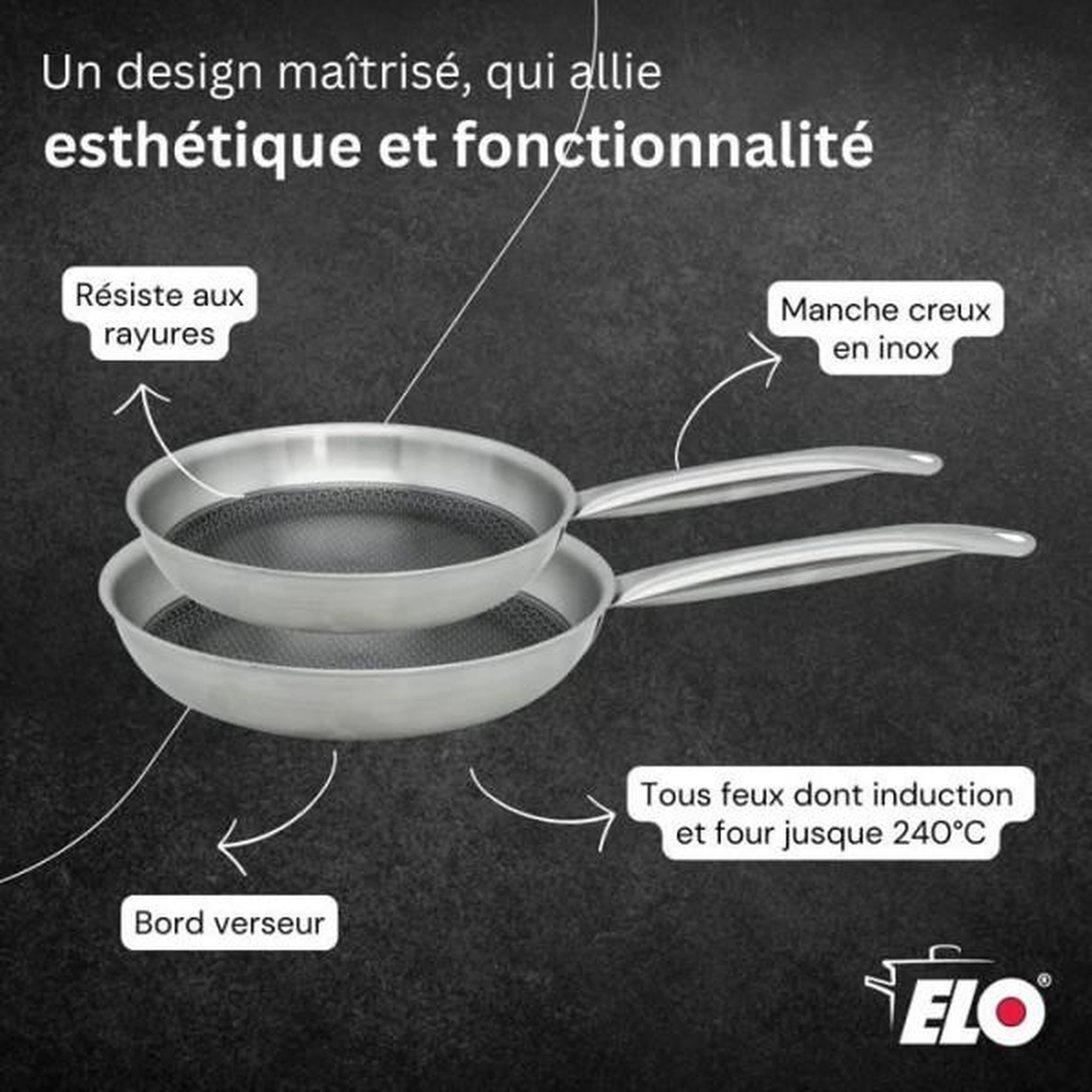 Voir la diapositive 3 : ELO Set de 2 poeles a induction - elo - relief solutions - inox 18/10 elodur select antiadhésives – ø?24?et 28?cm
