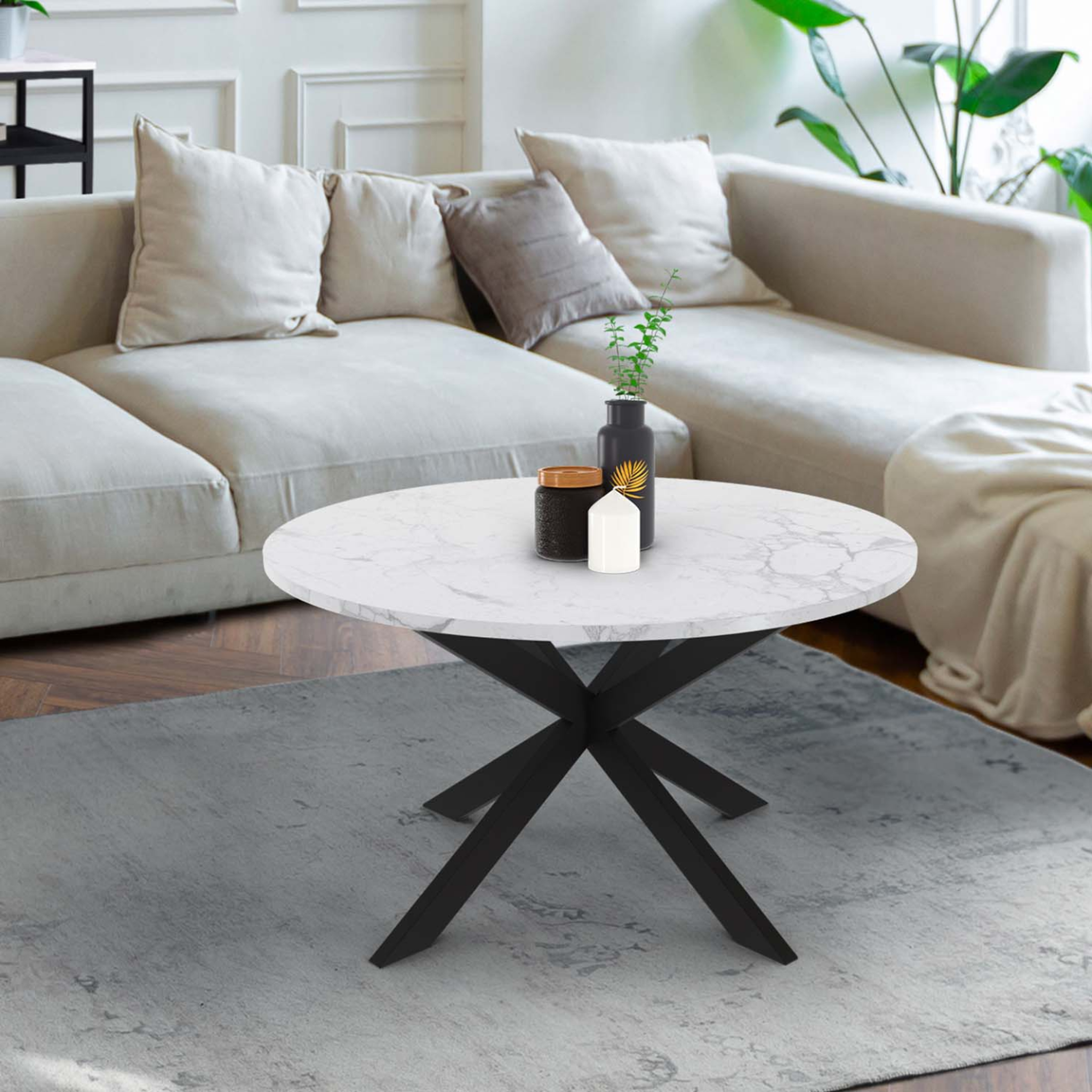 Voir la diapositive 2 : ID MARKET Table basse ronde alaska 70 cm plateau effet marbre blanc et  pied araignée métal noir