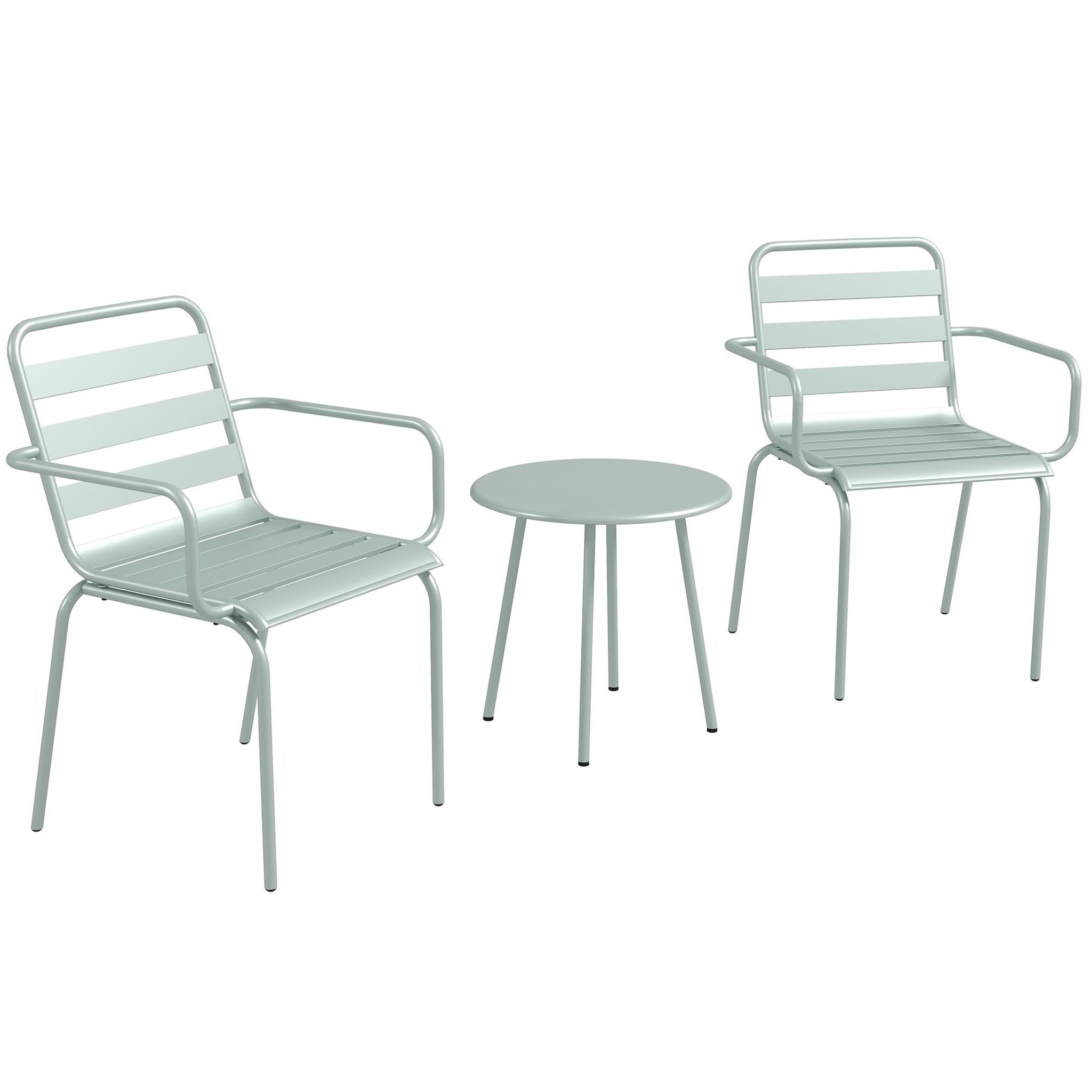 Voir la diapositive 1 : OUTSUNNY Salon de jardin bistro - table basse ronde Ø 60 cm 2 chaises empilables - acier thermolaqué vert de gris