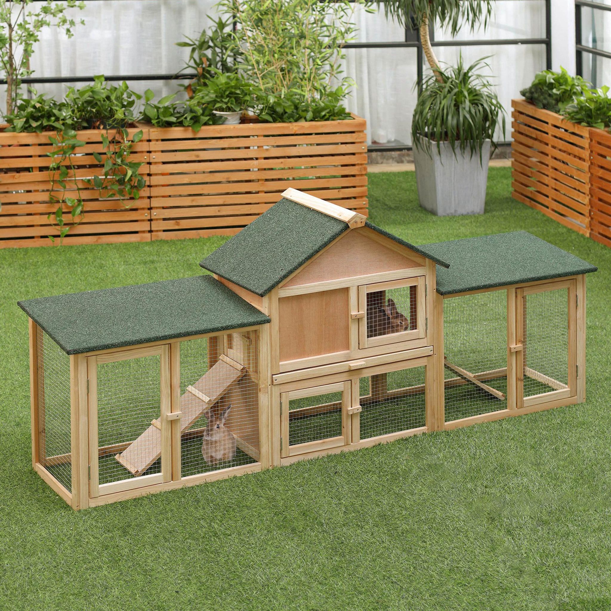 Voir la diapositive 2 : PAWHUT Clapier cage à lapins rongeurs xxl 2 étages toit bitumé intégral tiroir déjection 2,10l x 0,46l x 0,85h m bois massif pin pré-huilé