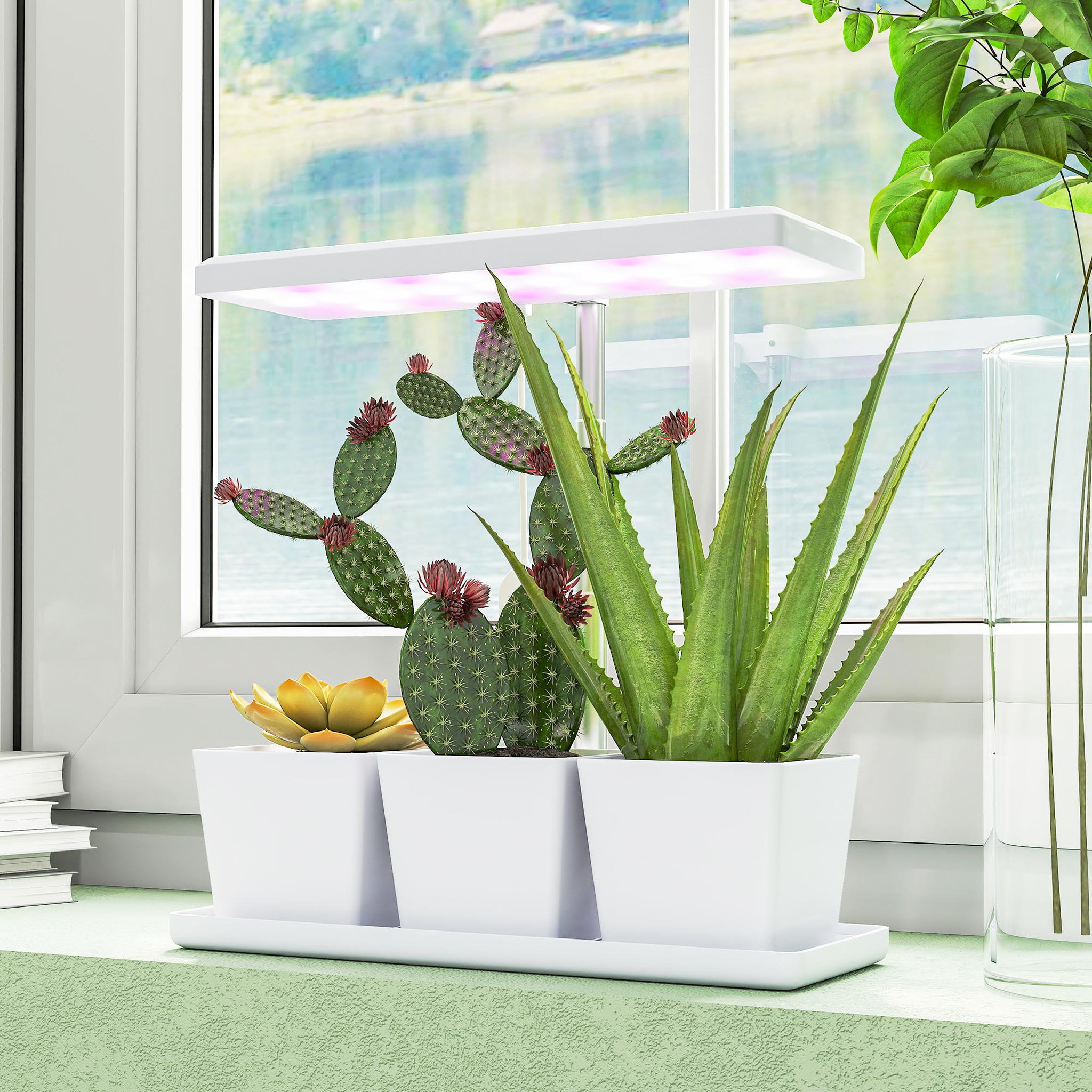 Voir la diapositive 4 : OUTSUNNY Lampe de croissance LED à spectre complet avec 3 pots - timer, hauteur, luminosité réglable - blanc