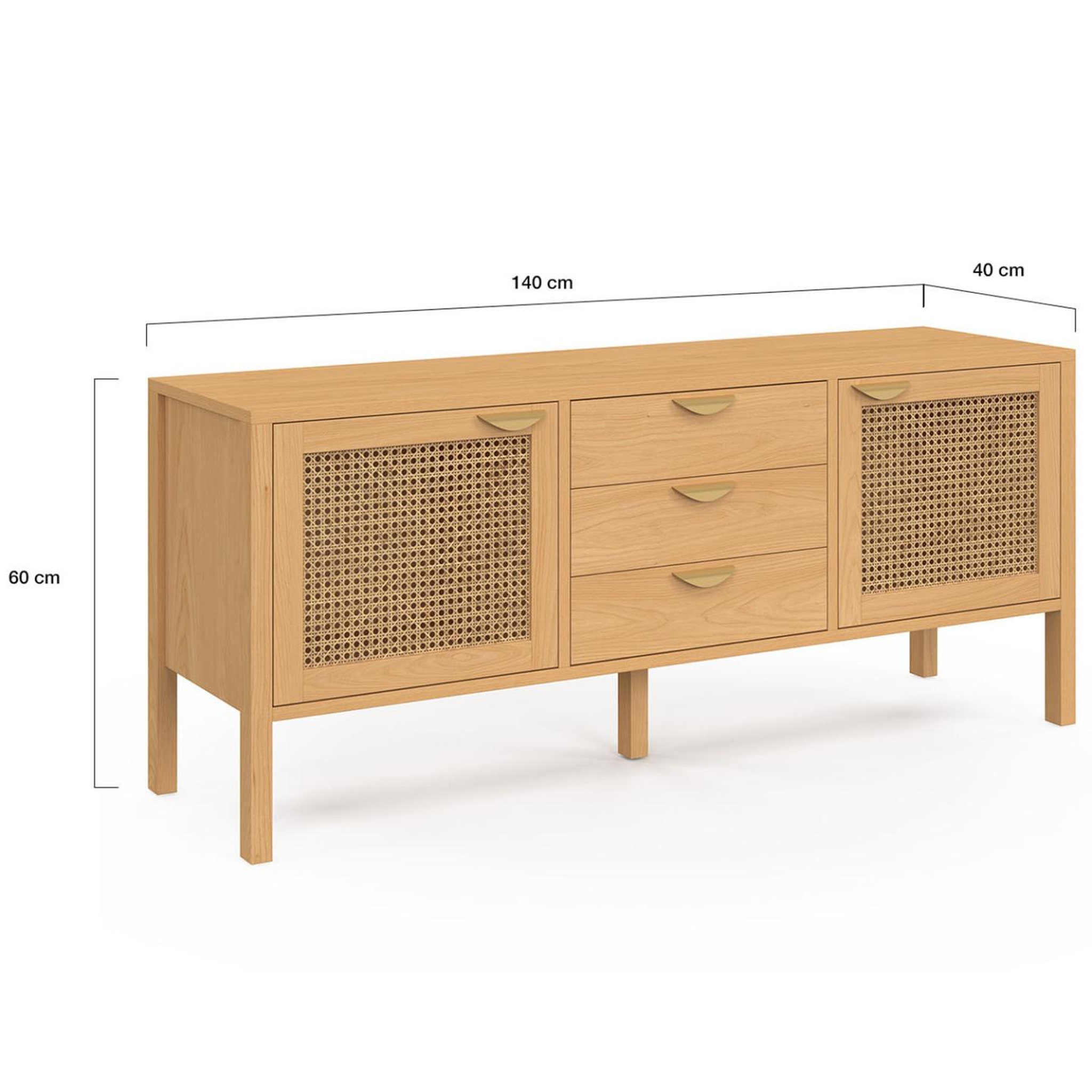 Voir la diapositive 5 : ID MARKET Buffet bas 140 cm edhen 2 portes et 3 tiroirs bois et cannage
