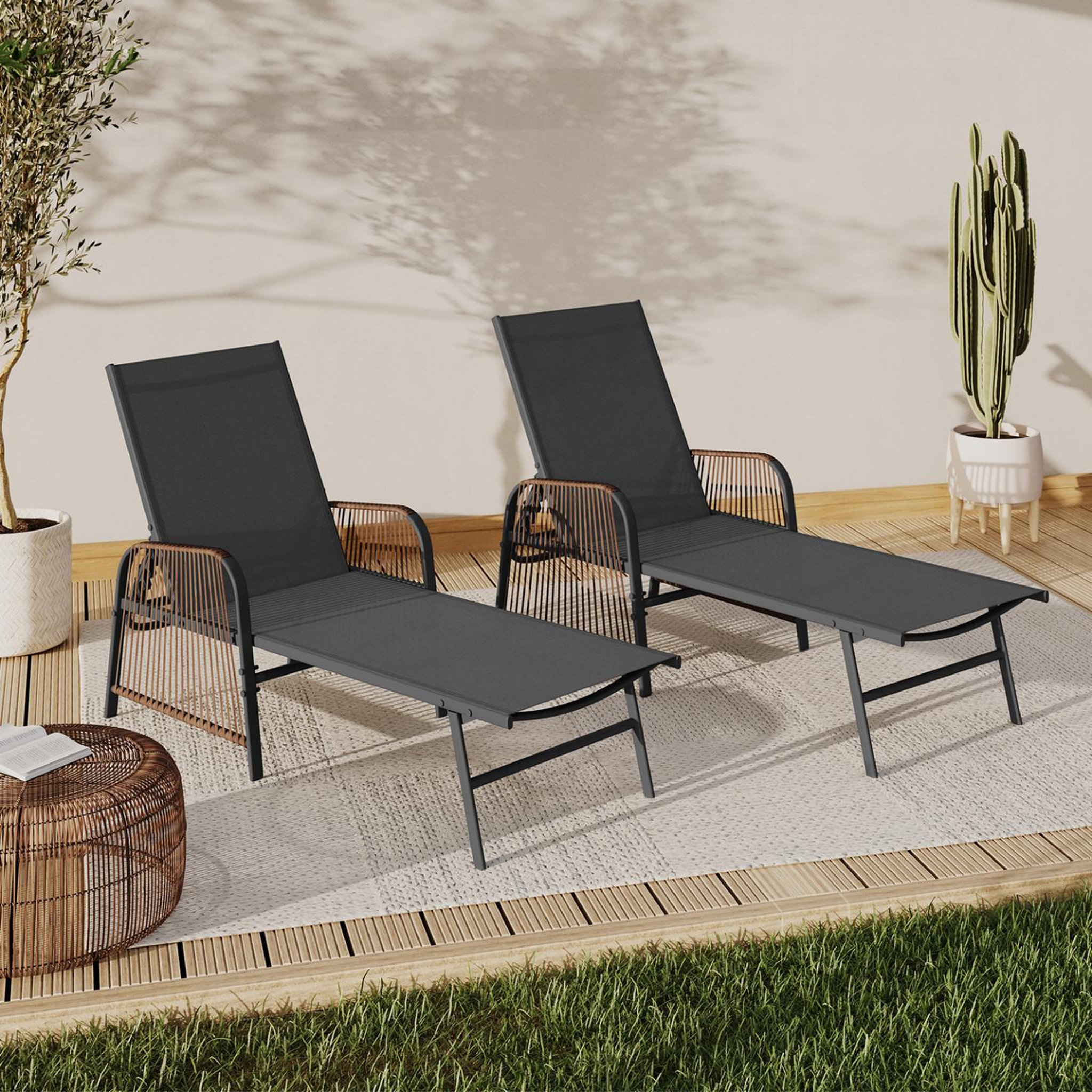 Voir la diapositive 2 : ID MARKET Lot de 2 transats de jardin inclinables rio en acier gris anthracite, cordage effet rotin avec accoudoirs et toile grise