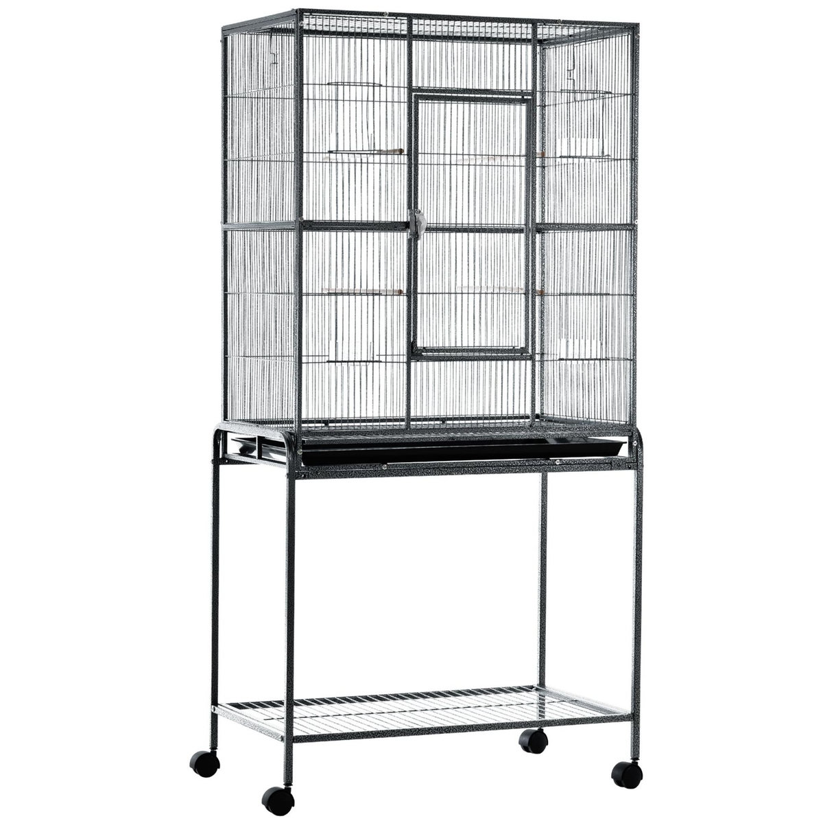 PAWHUT PawHut Cage à Oiseaux Portable avec 4 Mangeoires et 4 Perchoirs Pratique 81 x 48 x 163 cm Noir et Gris