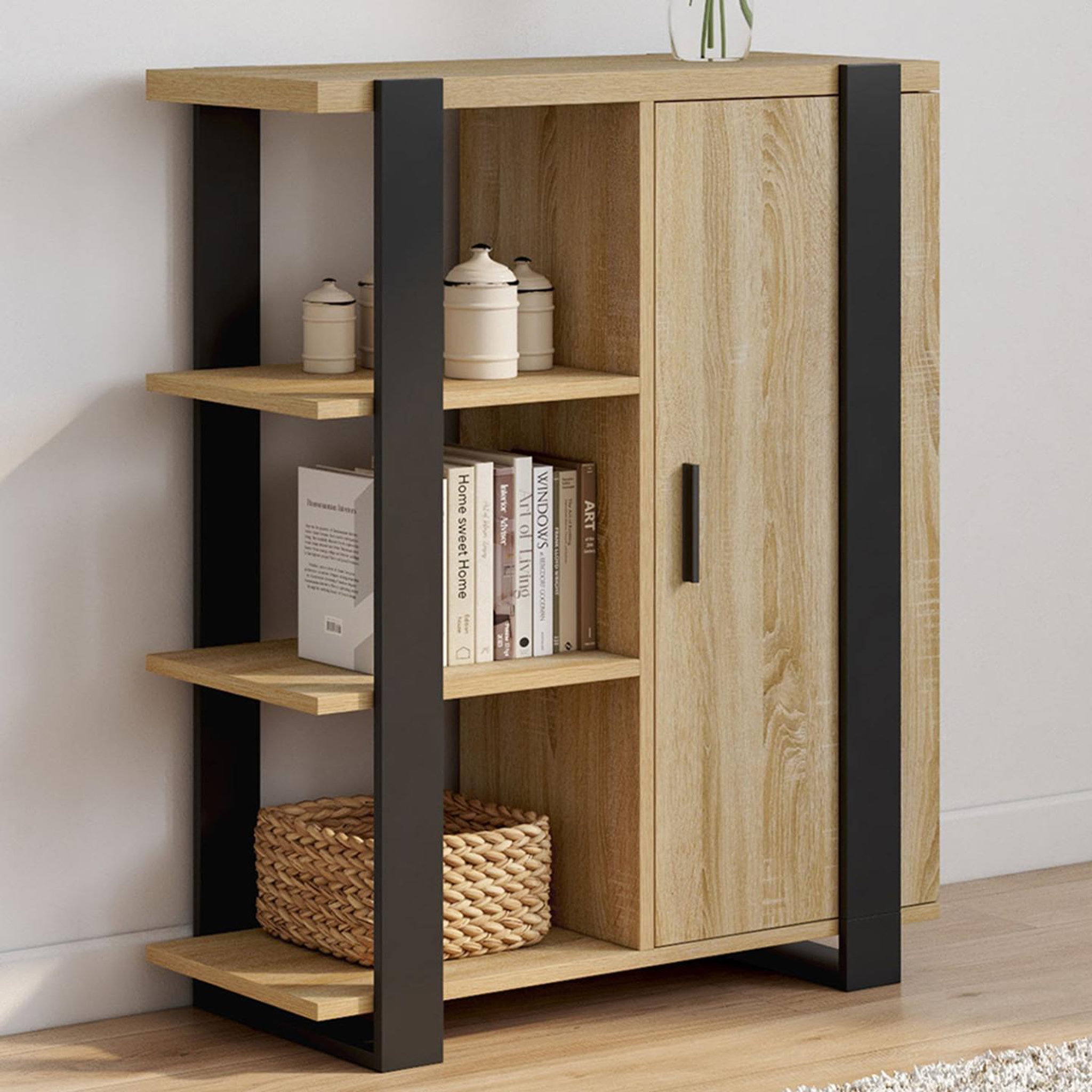 Voir la diapositive 2 : ID MARKET Buffet d'appoint 3 étagères et placard 70 cm phoenix bois et noir