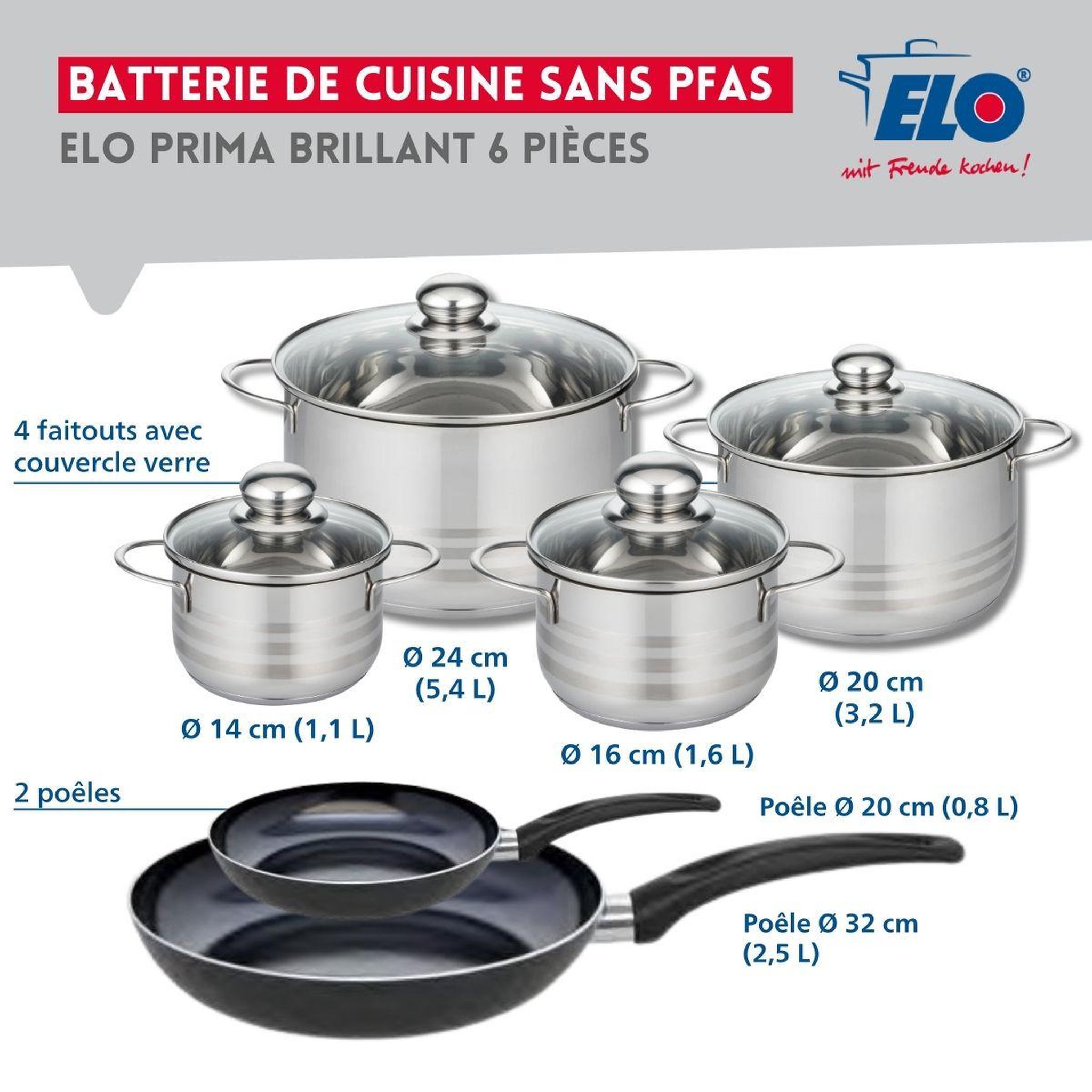 Voir la diapositive 2 : ELO Ensemble de 2 poêles de cuisson 20 et 32 cm et 4 faitouts 14, 16, 20 et 24 cm elo prima brillant