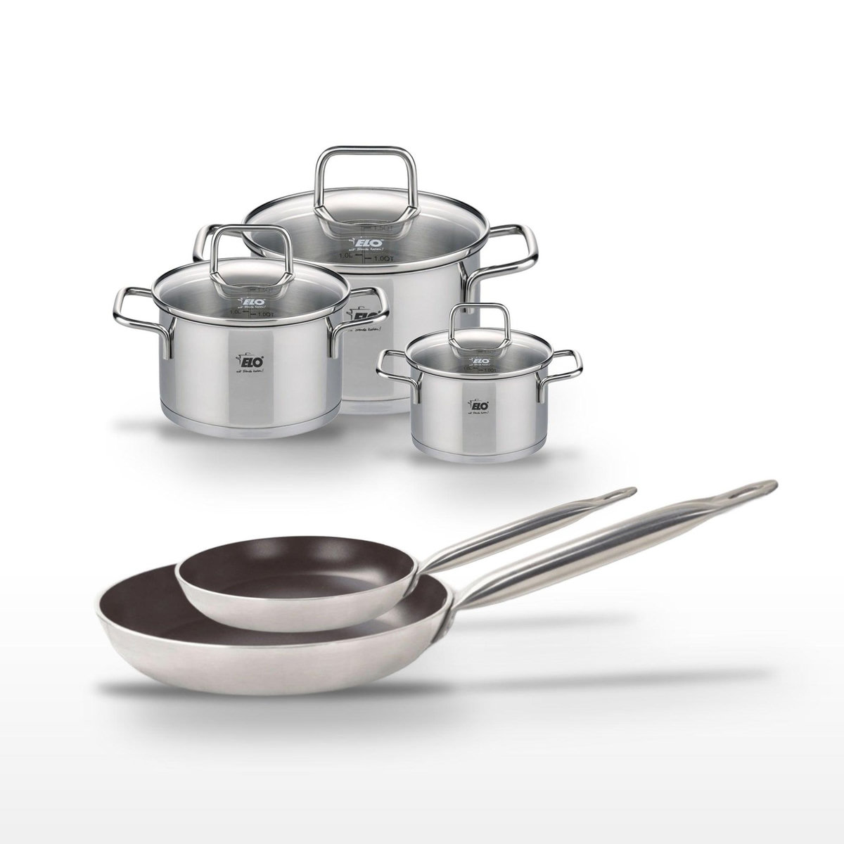 ELO Lot Poêles 24/32 cm avec revêtement céramique sans PFAS et Faitouts 12/16/20 cm Elo Bistro Line Citrin