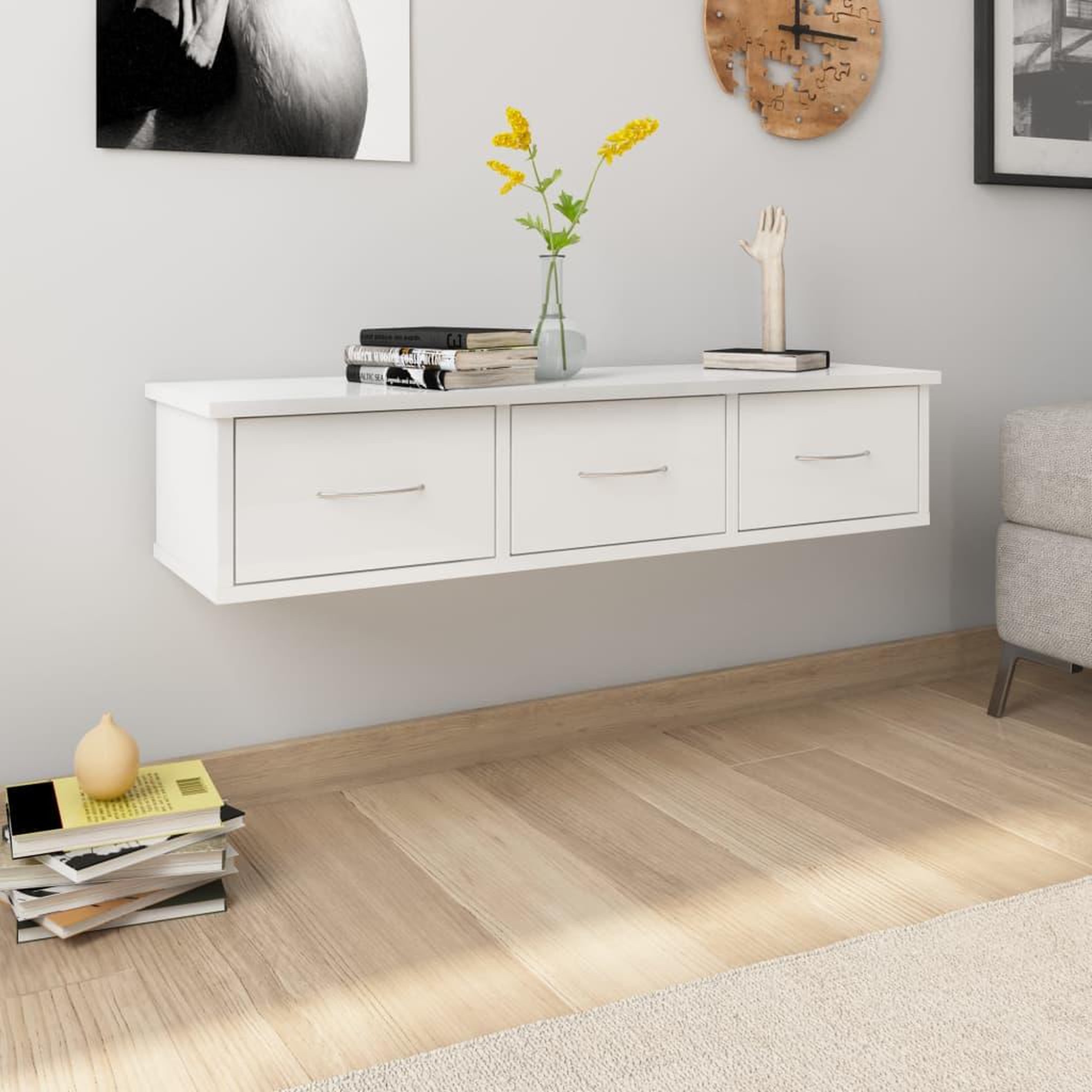 Voir la diapositive 1 : VIDAXL Etagere murale avec tiroirs Blanc brillant Bois d'ingenierie