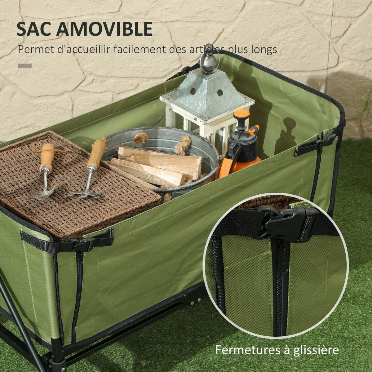 OUTSUNNY Chariot de jardin pliable 130L - housse zippée amovible, poignée télescopique mobile - acier noir tissu kaki