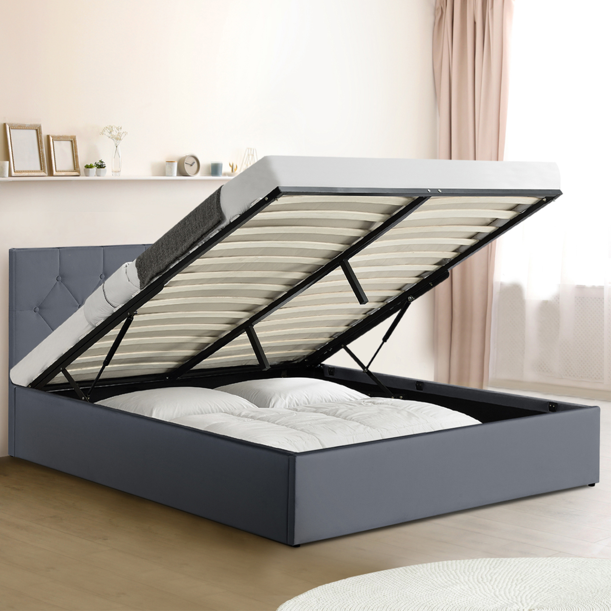Voir la diapositive 2 : ID MARKET Lit coffre double austin avec tête de lit et sommier 160 x 200 cm pvc gris