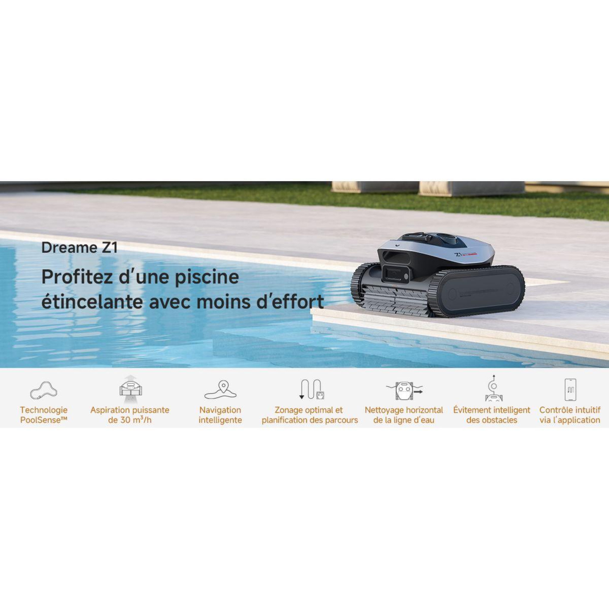 Voir la diapositive 3 : DREAME Robot piscine z1 pro sans fil - fond, parois, ligne d'eau - jusqu'à 200m²