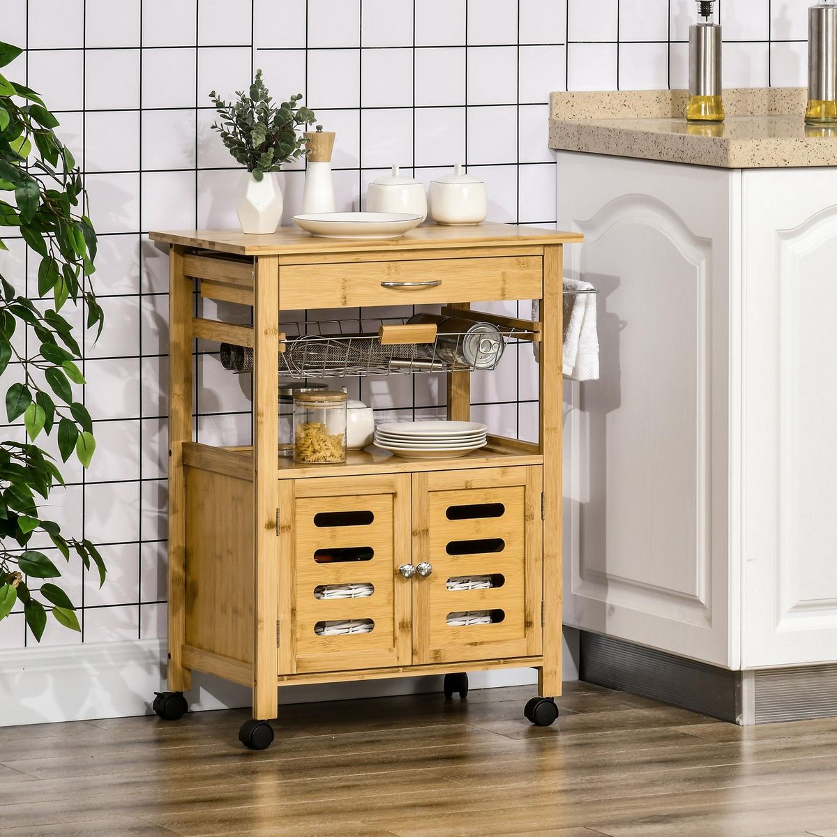 HOMCOM Desserte cuisine sur roulettes chariot de service meuble de rangement avec un tiroir, un panier coulissant, un porte-torchon et armoire en bambou