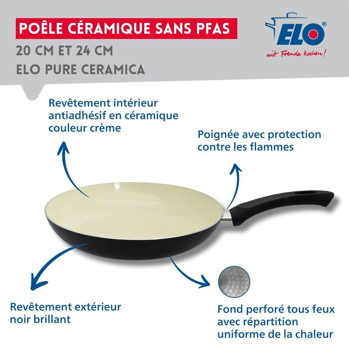 ELO Set de 2 Poêles 20 et 24 cm céramique sans PFAS et 2 couvercles de cuisson en verre Elo Pure Ceramica