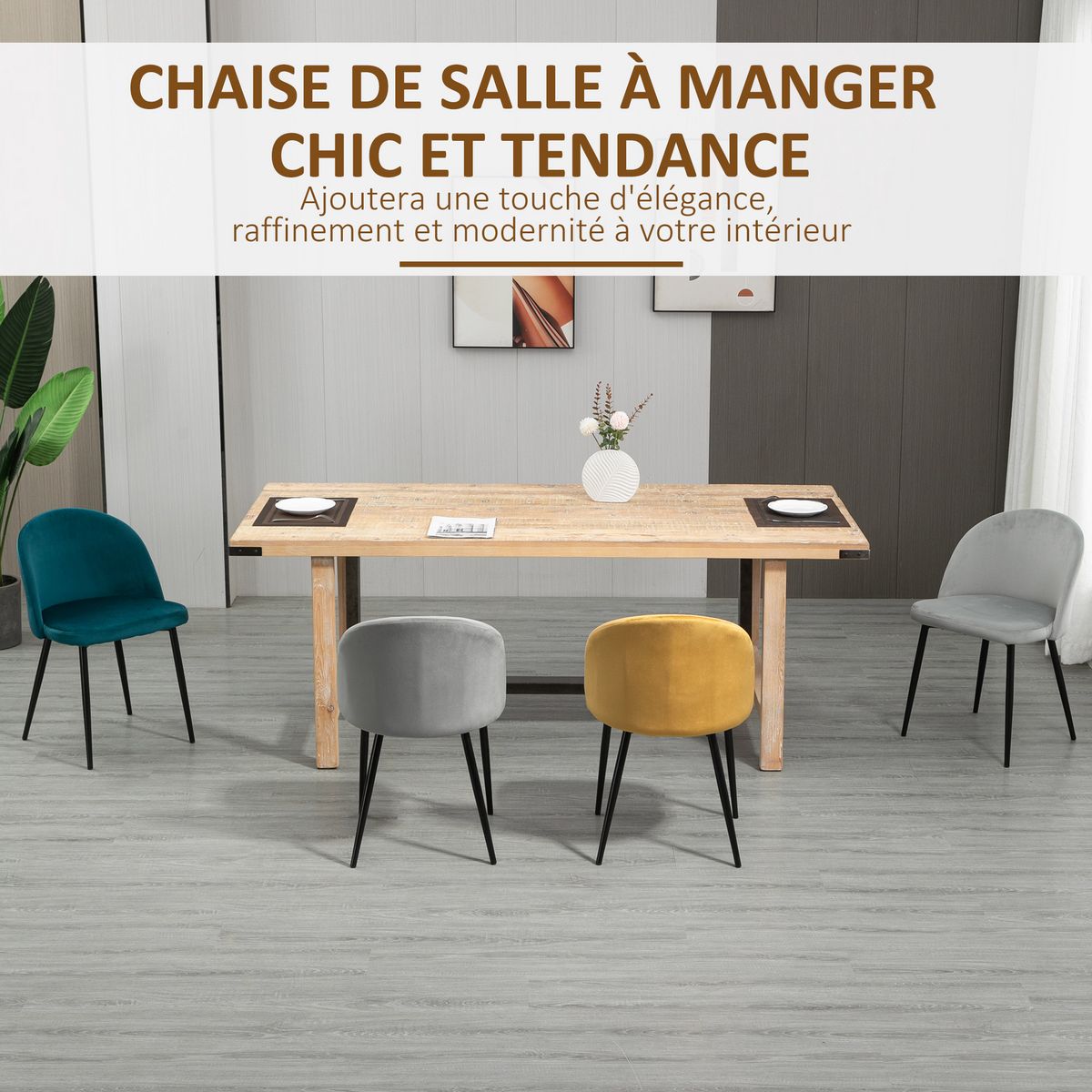 HOMCOM Chaises de visiteur design scandinave - lot de 4 chaises - velours gris bleu canard moutarde